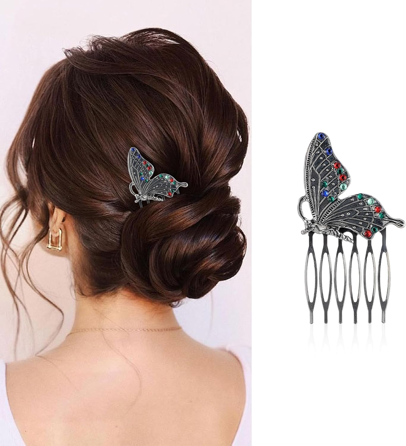 Mabor Pack of 6 Vintage Hair Combs for Clip-In, Cute Ladies, Butterfly French Comb, Zinc Alloy Hair Comb, Rhinestone Hair Comb for Women with Thin and Thick Hair (6 Styles, 6 Sizes)
