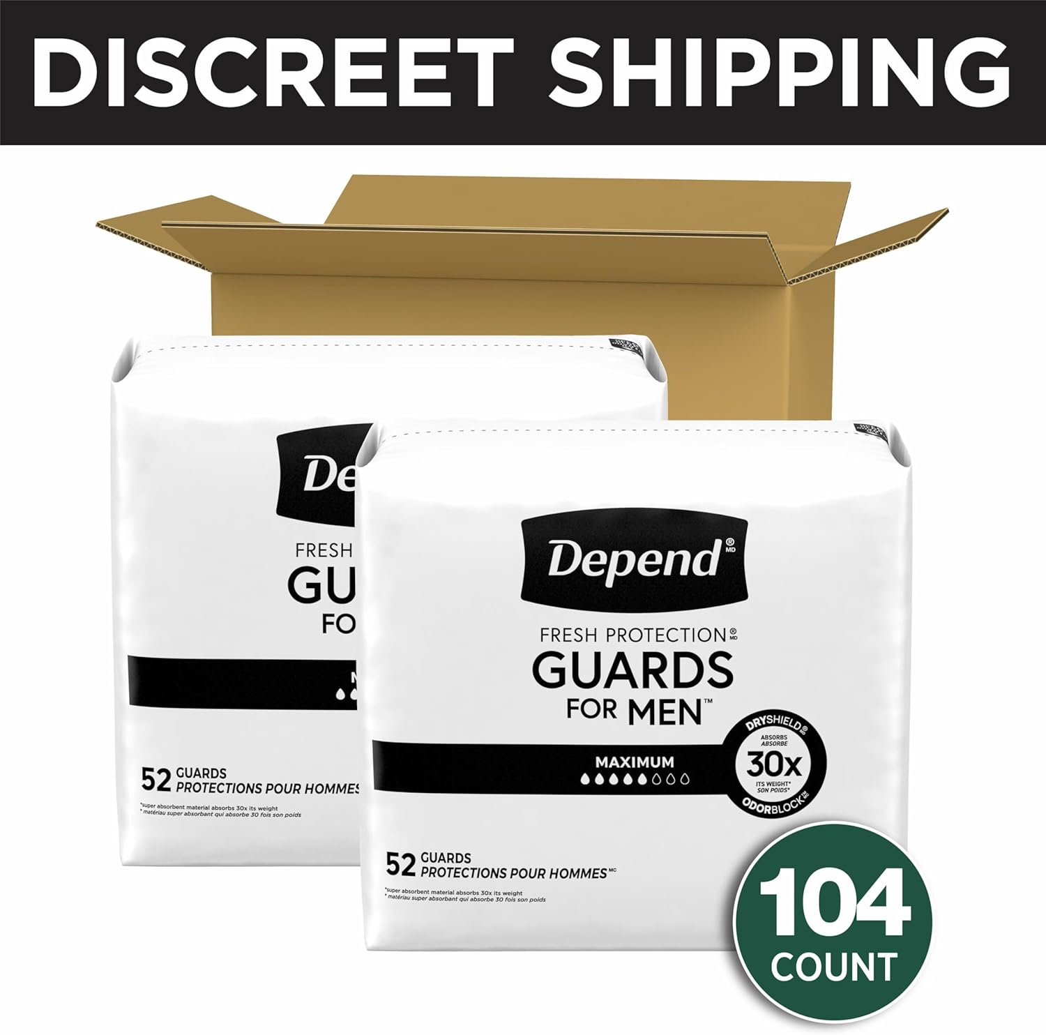 Depend Incontinence Guards for Men, Maximum Absorbency, 2 Packs of 52, 104 Total Count (Packaging May Vary)