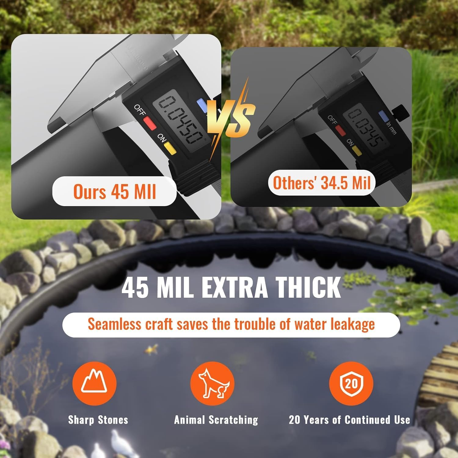 VEVOR 10 X 15 Ft Pond Liner, 45 Mil Thickness, Pliable & Durable EPDM Material, Easy Cutting Underlayment for Fish or Koi,Waterfall, Fountains, Water Gardens, Black