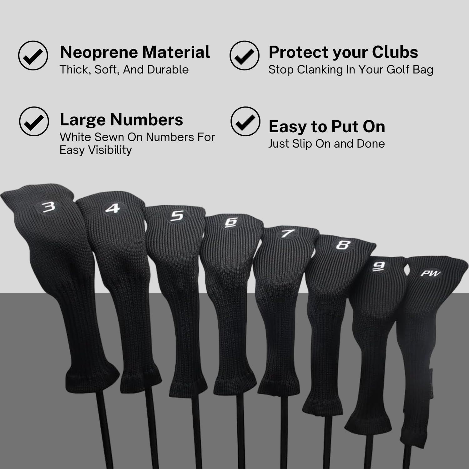 Majek All Hybrid Head Cover Golf Club Black Sleek Tight Fit Headcover Set 3-PW Acrylic Head Covers 3 4 5 6 7 8 9 PW Easy to See Large White Embroidered Numbers image number 6