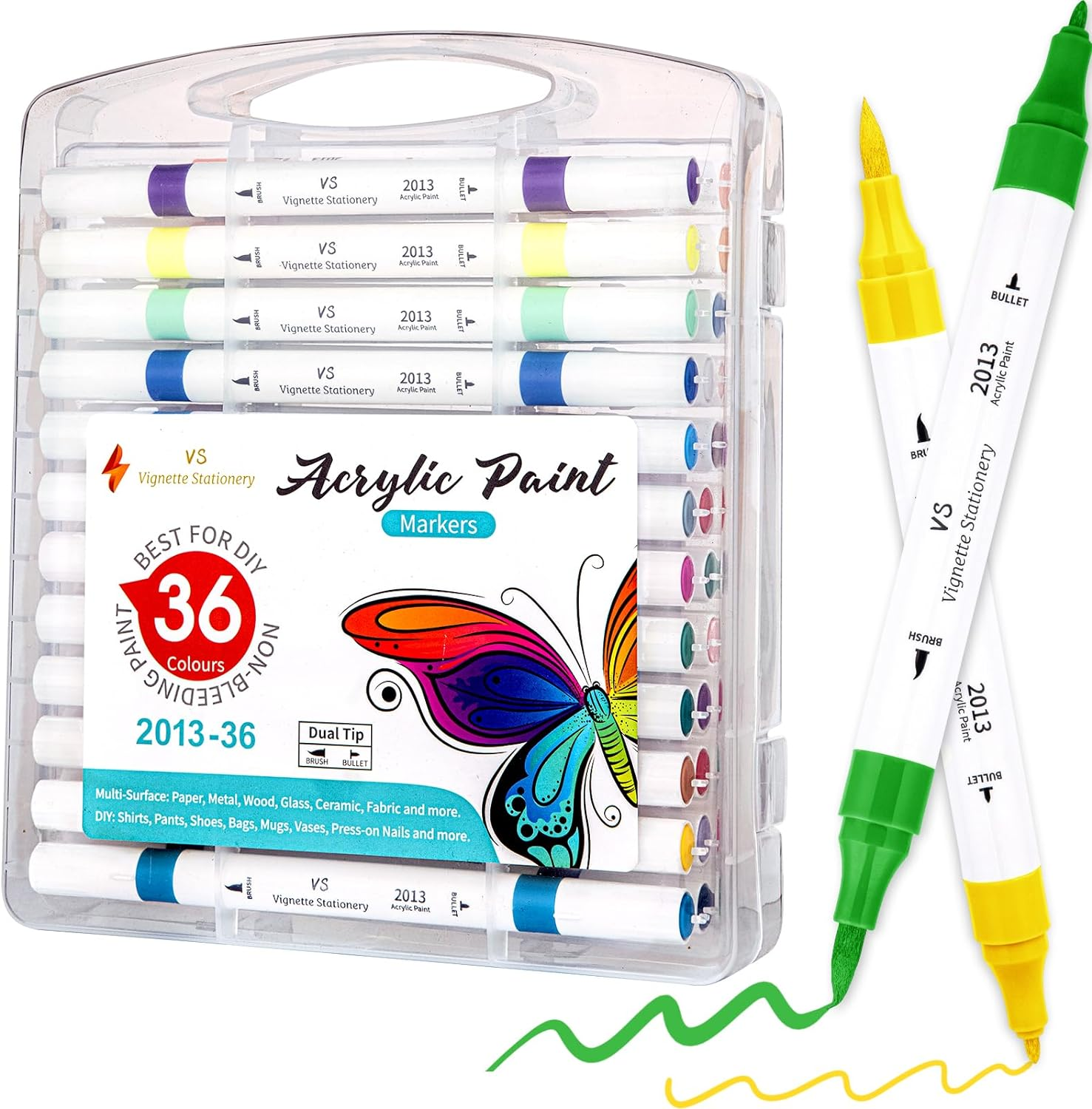 Acrylic Paint Markers Set of 36 Colours, Dual Tip Brush & Fine Paint Pens, Permanent after Dry, Non-Toxic, for Rock, Glass, Ceramic, Wood, Fabric, Plastic & DIY Crafts image number 3