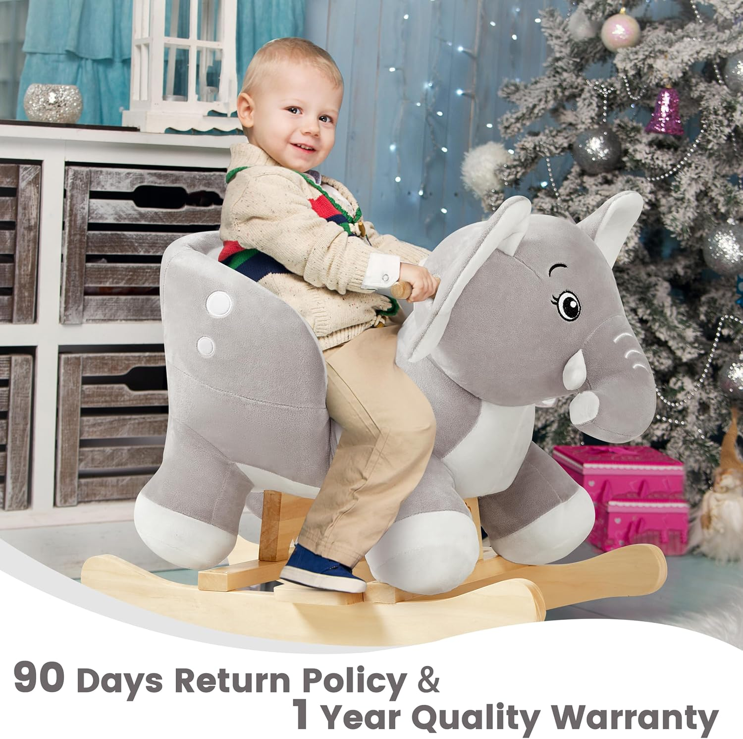 FUNLIO Elephant Baby Rocking Horse for Toddlers 6 Months to 3 Years, Cute & Graceful Grey Elephant Rocker for Baby Girl, Stuffed Plush Ride-On Rocking Animal, Easy to Assemble, CPC & CE Certified image number 5