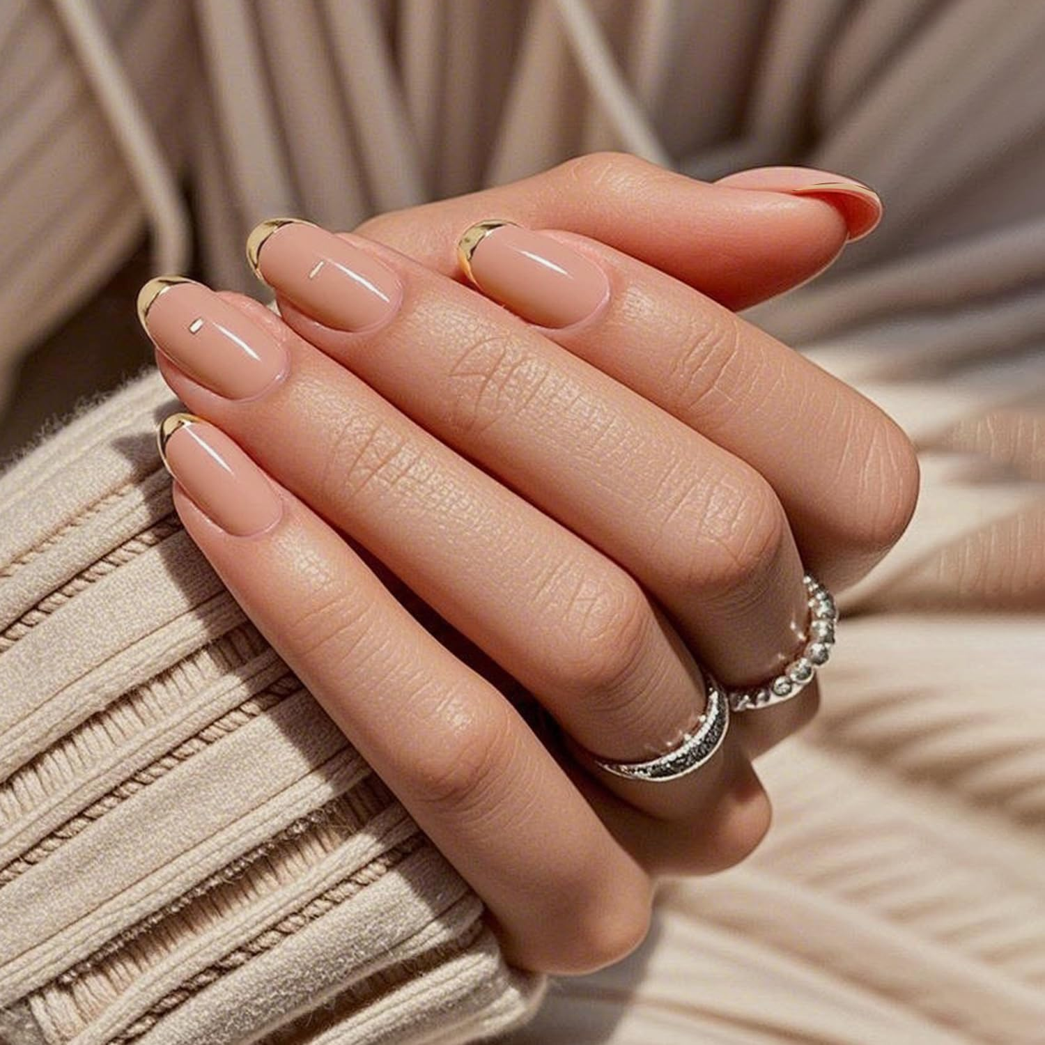 24 Pcs Press on Nails Short Almond Stiletto, Glitter Pink with Gold Tips Fake Nails with Jelly Adhesive Tabs Reusable Nail Art Kit for Women Girls image number 1