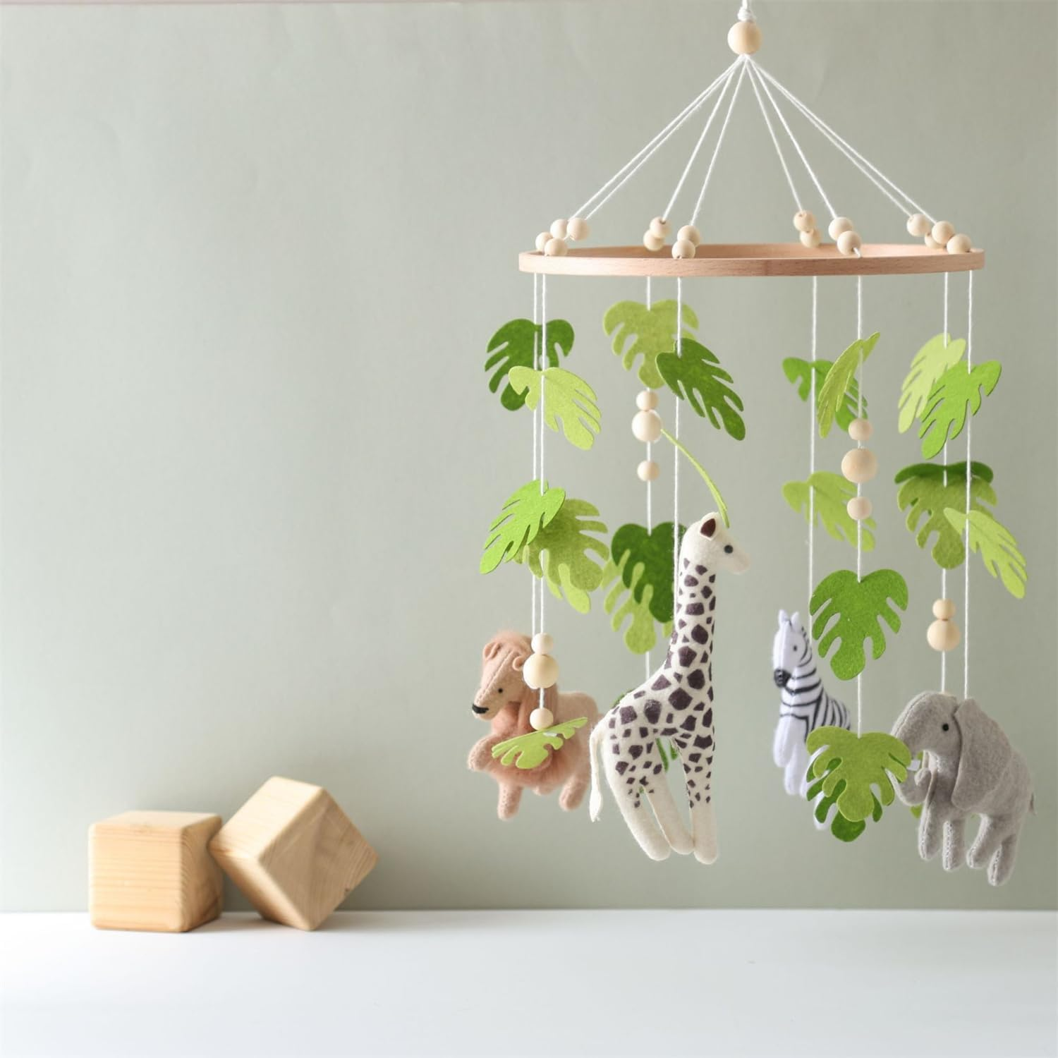 Herfair Baby Bed Mobile Baby Wind Chime Forest Animals, Green Leaves Lion Wood Mobile Baby Nursery Hanging Bed Bell, Baby Bed Pendant Game Mobile Bed Decor (Green Leaves - Lion)