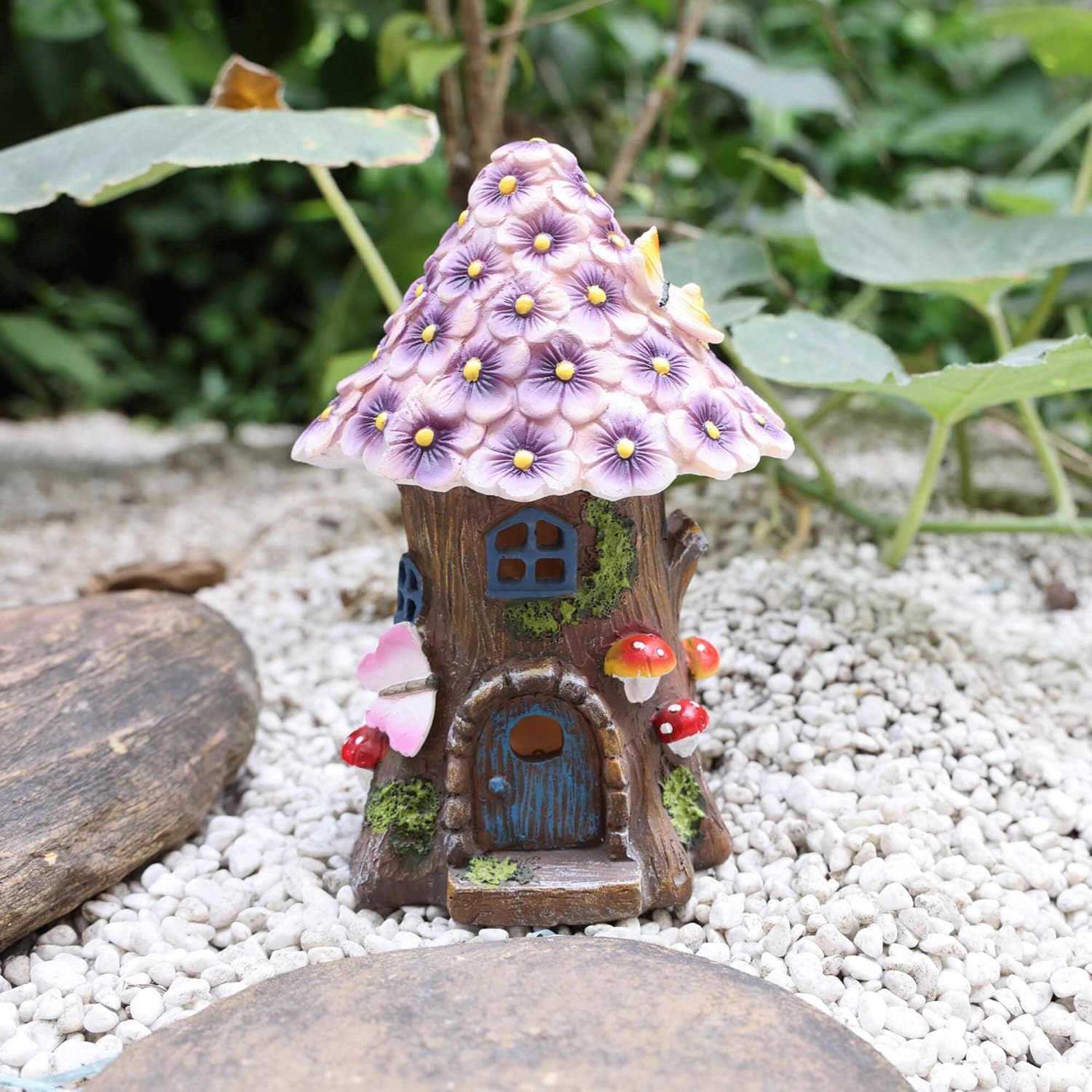 Annastore Fairy Garden House Solar Outdoor Statue, Light up Mushroom Figurines Fairy Lawn Decorations for Yard, Fairies for Miniature Houses for Outside, Resin DIY Fairy Garden Kits Accessories