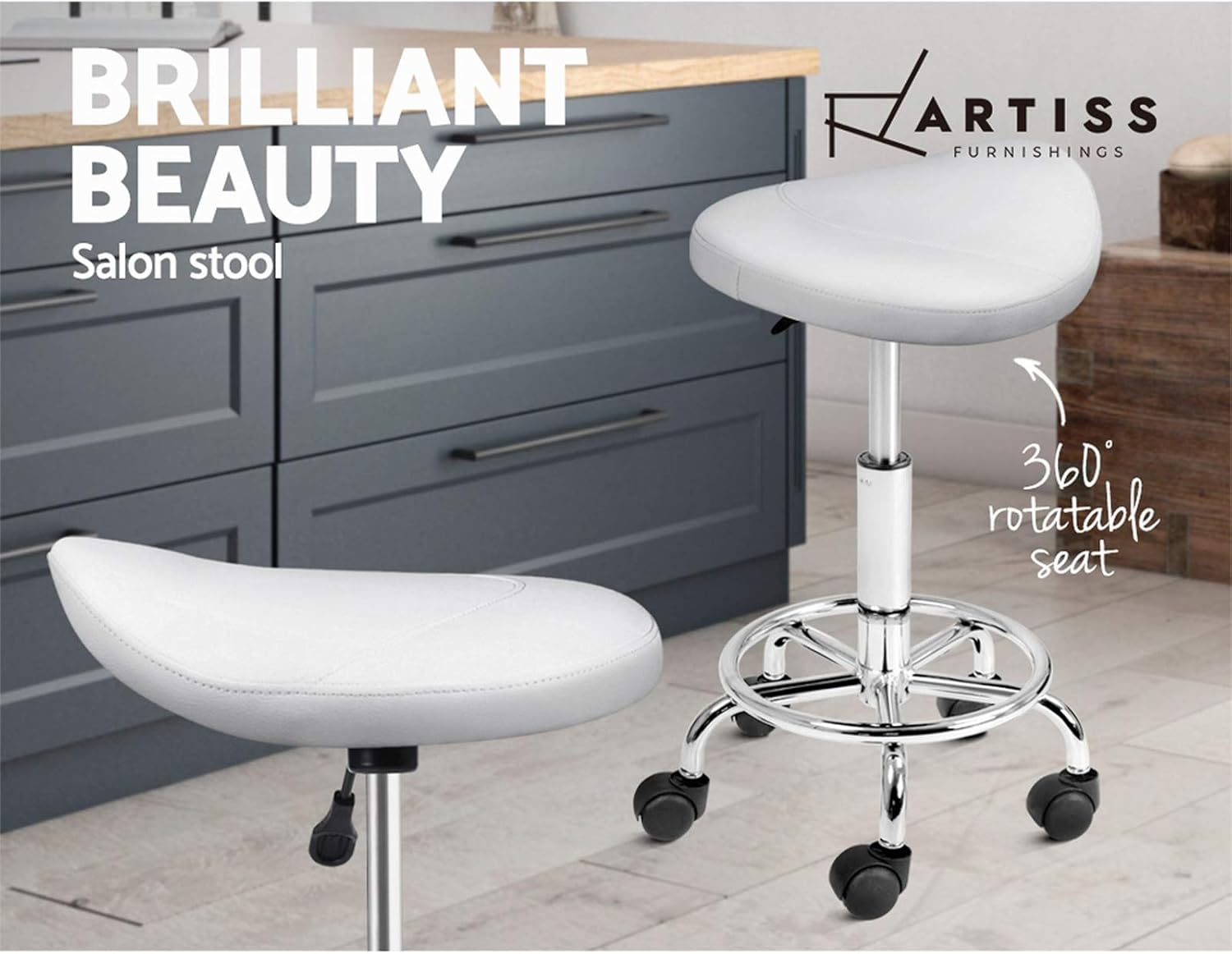 Artiss PU Salon Stool, Bar Stools Swivel Lounge Drafting Chair Piano Guitar Seat Barber Chairs Outdoor Spa Indoor Home Office Kitchen Furniture, Adjustable Height Hydraulic Lift White