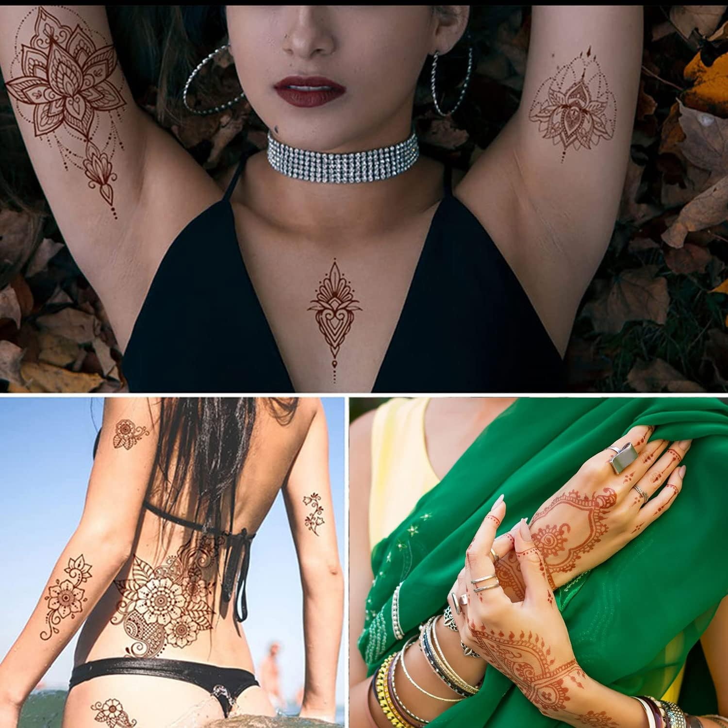 Henna Tattoos, Henna Temporary Tattoos Brown Waterproof Tattoo Stickers for Women Wedding Party Festivals,Parties Decoration Suppliers 6Sheets - Brown image number 3