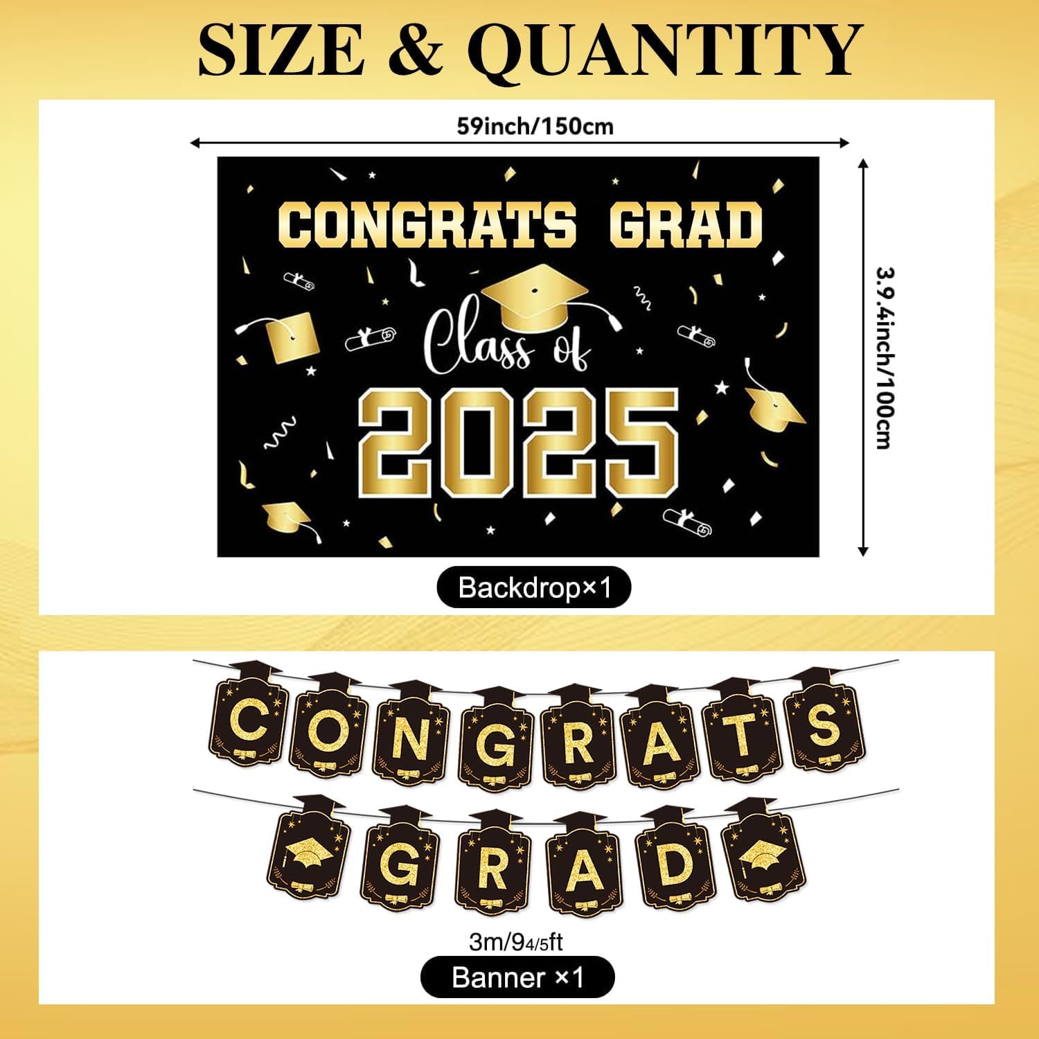 Graduation Decorations Class of 2025 Gold Themed Set, Backdrop Banner, Hanging Swirl, Balloons and Honeycomb Supplies for Graduation Party