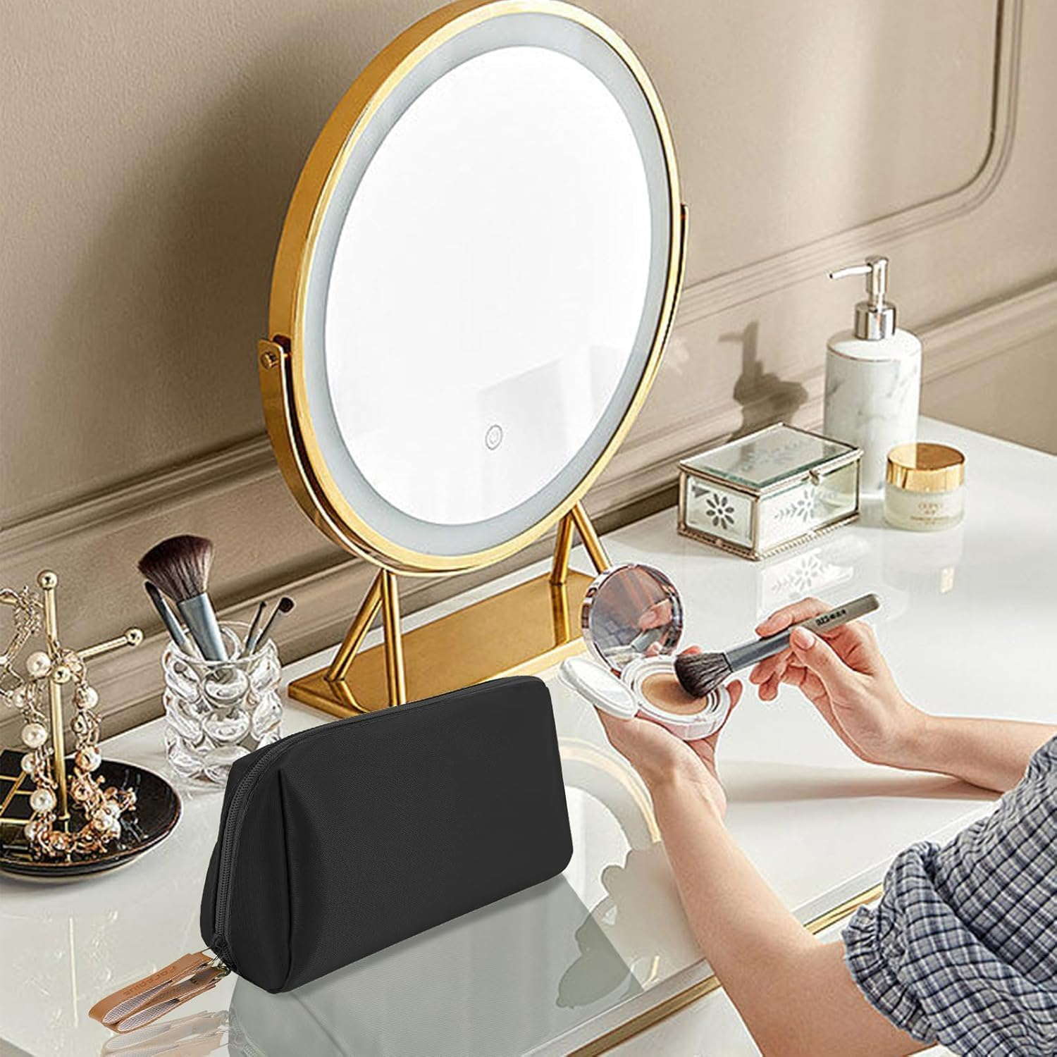 Small Makeup Bag Beauty Cosmetic Organizer Pouch,1Pc Small Cosmetic Bag Mini Portable Makeup Bag,Mini Cosmetic Bag Travel Make up Pouch with Double Zipper,Black image number 1