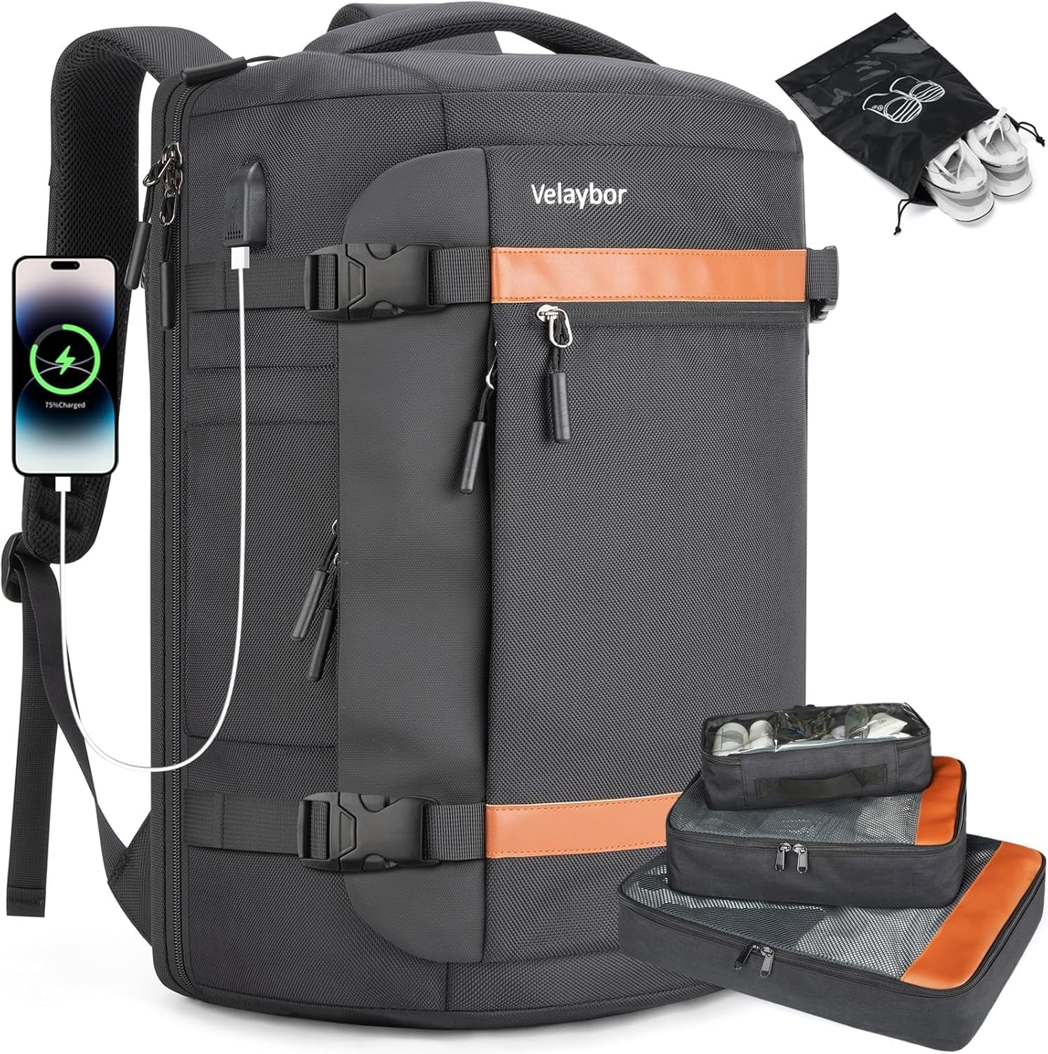 Velaybor 42L Travel Backpack with 4 Packing Cubes, TSA Friendly Flight Approved Carry-On Bag