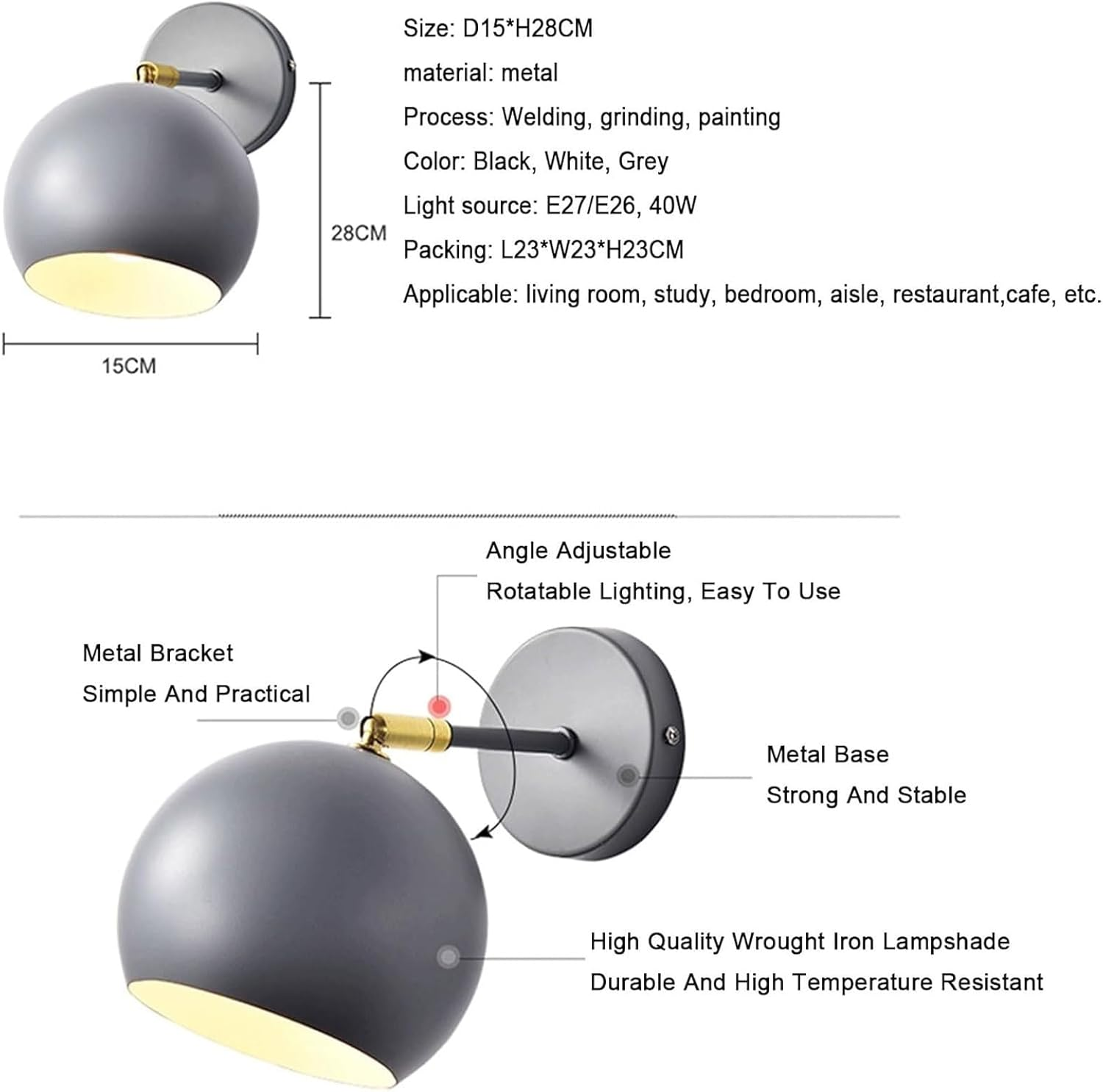 Wall Lighting Fixtures Wall Sconces Fixture Metal round Lampshade Adjustable Head Angle Wall Light for Bedroom Bedside Wall Lighting image number 5