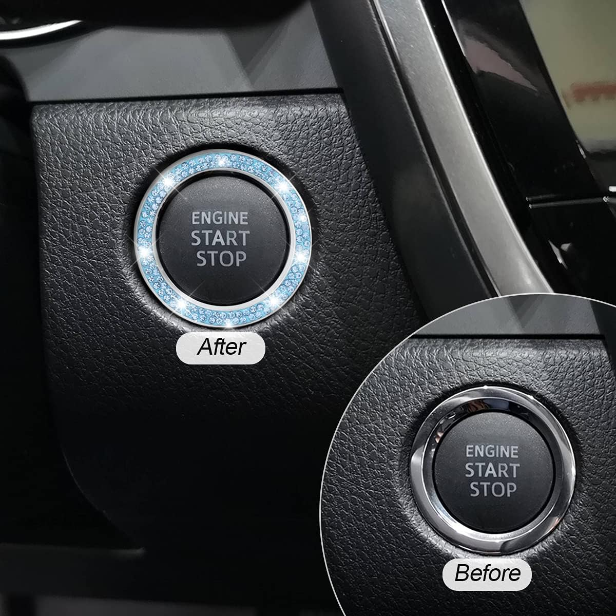 2 Pack Car Push Start Button Cover/Sticker, Key Ignition Knob Bling Ring, Sparkling Car Interior Accessories for Women (Double Blue) image number 4