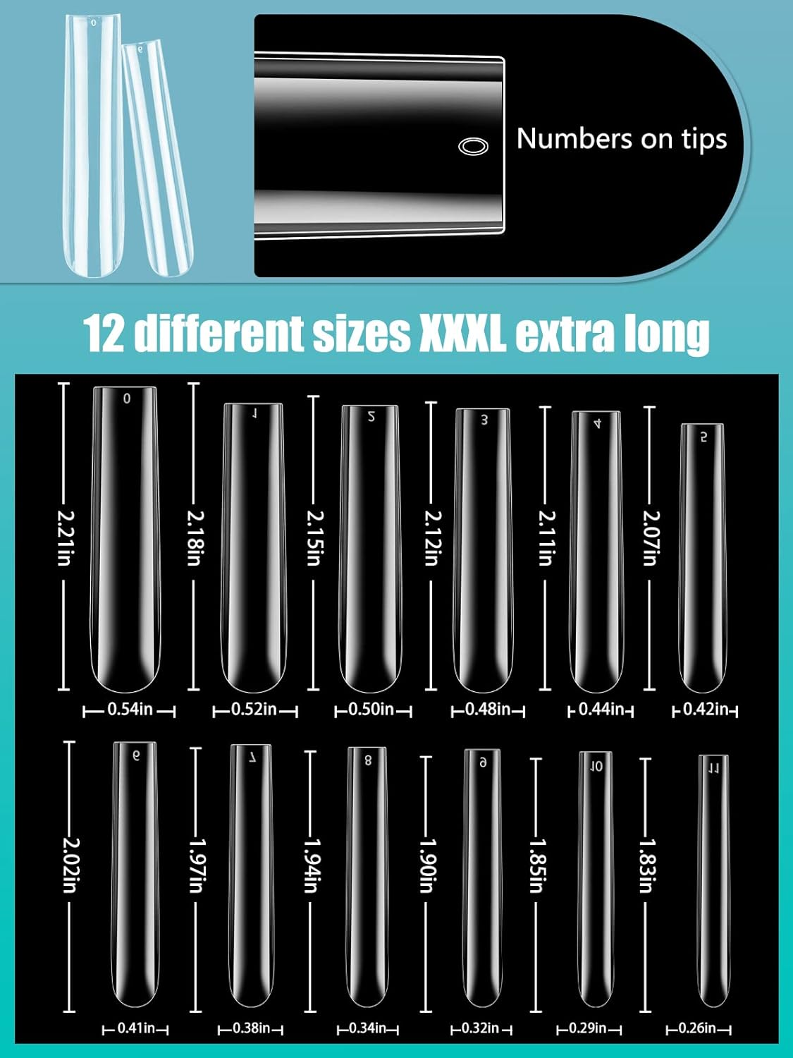 LIONVISON 3XL Clear Full Cover Square Nail Tips for Acrylic Nails Professional, 504PCS Extra Long Tapered Square Straight Nails Tips, 12 Sizes Press on Gel False Nail Tips for Nail Salons Home DIY image number 5