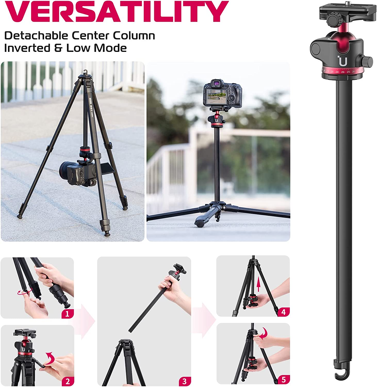 Ulanzi MT-55 Ombra Travel Tripod, 62.2'' Professional Camera Video Aluminum Tripod W/ 360&deg; Ball Head&Quick Release Plate, Max Load 17.6 LB for Nikon Canon DSLR Camcorder, Phone Holder Included Black image number 6