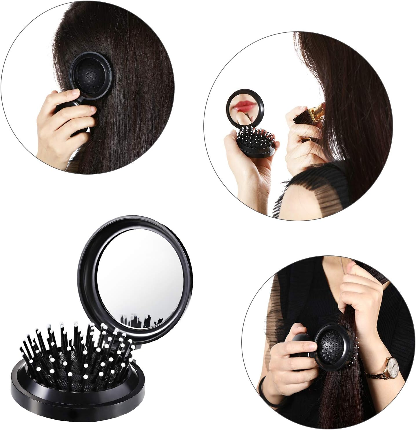 Boao 2 Pack Foldable Travel Mirror Hair Brushes round Portable Folding Pocket Hair Brush Mini Comb Compact Travel Size Massage Comb for Men Women(Black) image number 4