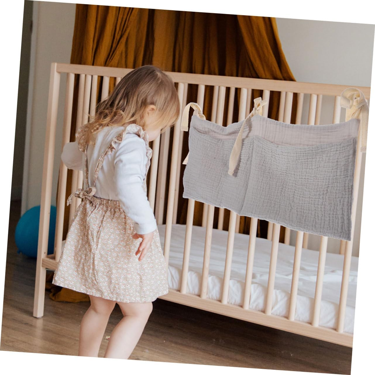 2Pcs Bedside Organizer Soft Cotton Crib Storage Bag with Dual Pockets Care for Efficient Toy and Supply Management Grey image number 2