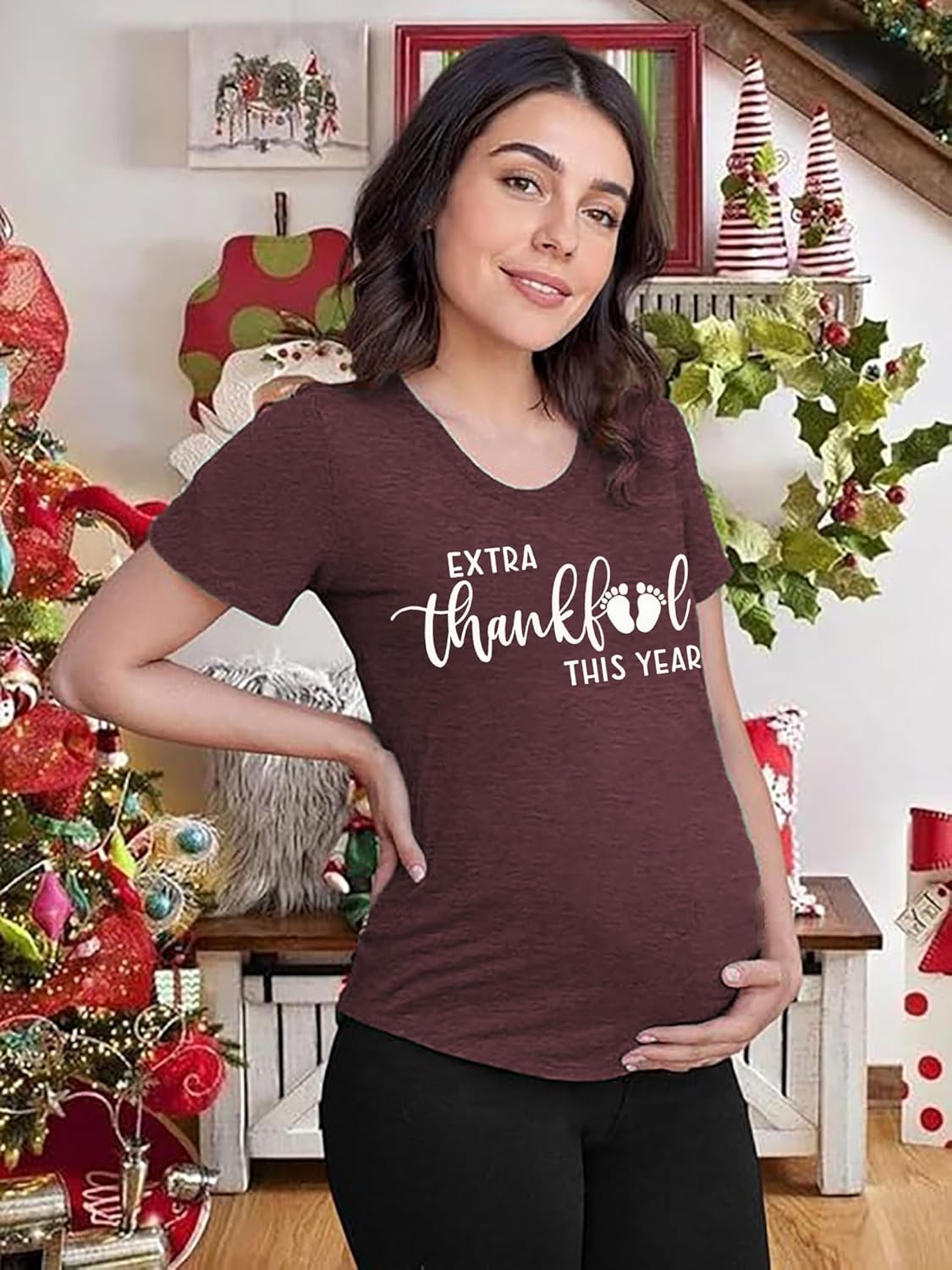 Thanksgiving Pregnancy Shirt Thankful Maternity Tees Cute Turkey Graphic Pregnancy Announcement Fall Tops Pregnancy Shirt image number 3