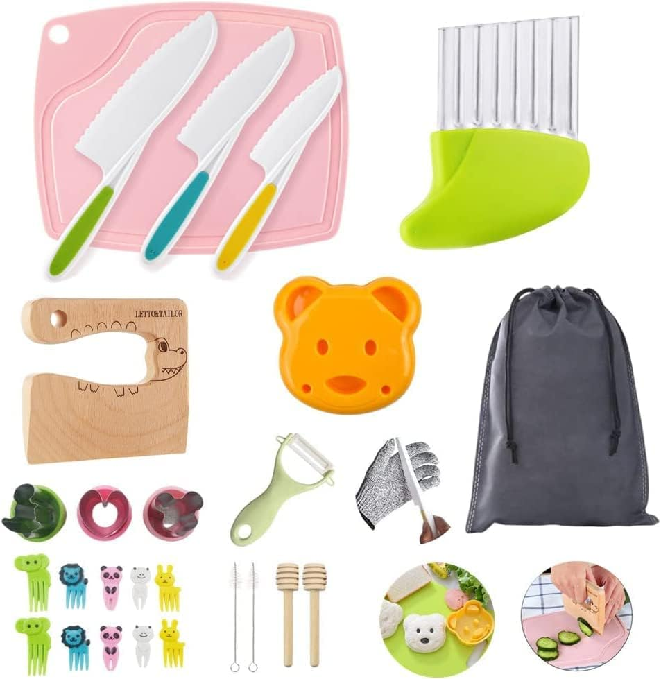 27 Piece Children'S Wooden Kitchen Knife Set with Wooden Children'S Knife, Vegetable Cookie Cutters, Plastic Toddler Knife, Crinkle Cutter, Sandwich Cutter and Many More image number 5
