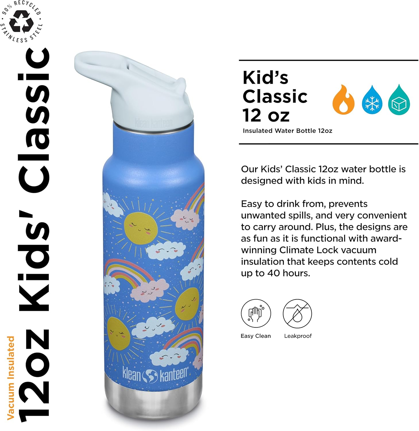 Klean Kanteen Classic Kid'S Insulated Water Bottle with Flip Seal Sport Cap Rainbows, 12 Oz (355 Ml) Capacity - Blue image number 5