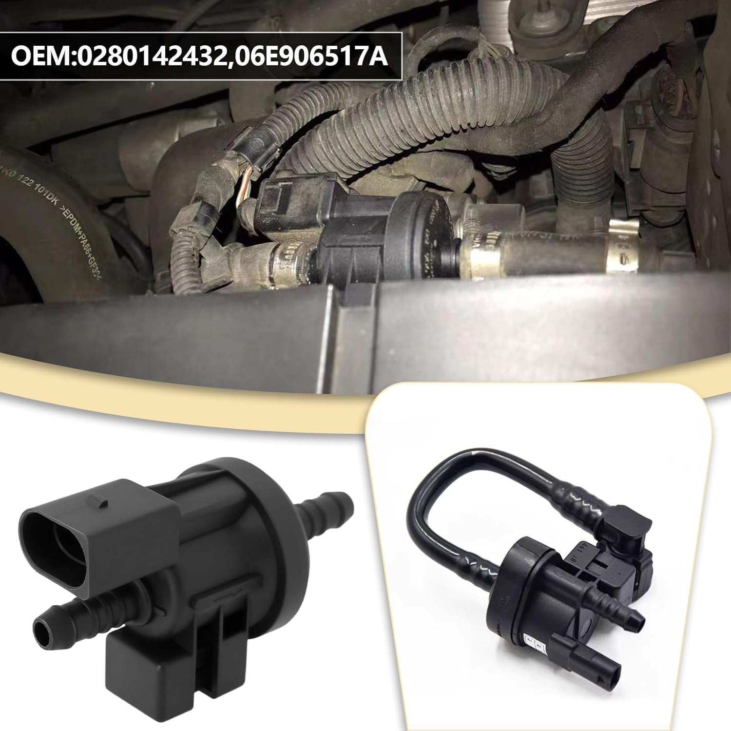 Emsea 1PC Car Vapor Canister Purge Valve Solenoid Vent Valve 0280142432 06E906517A Compatible with Jetta Compatible with Golf Black image number 5