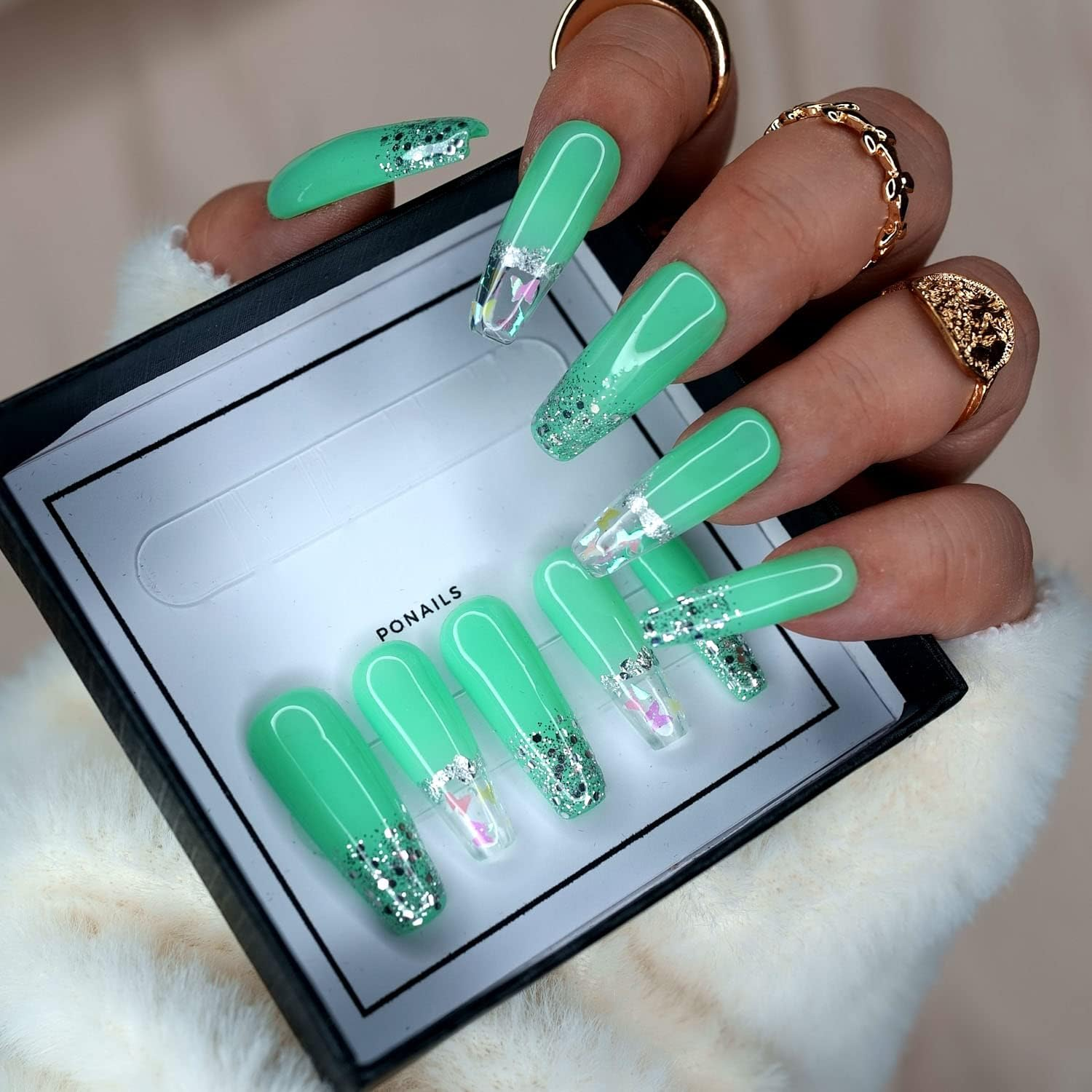 10 Pcs Handmade Press on Nails ( M, Mint Butterflies / Minty Green Silver with Glitter French Tips Holo Butterflies / Long Coffin) A021M