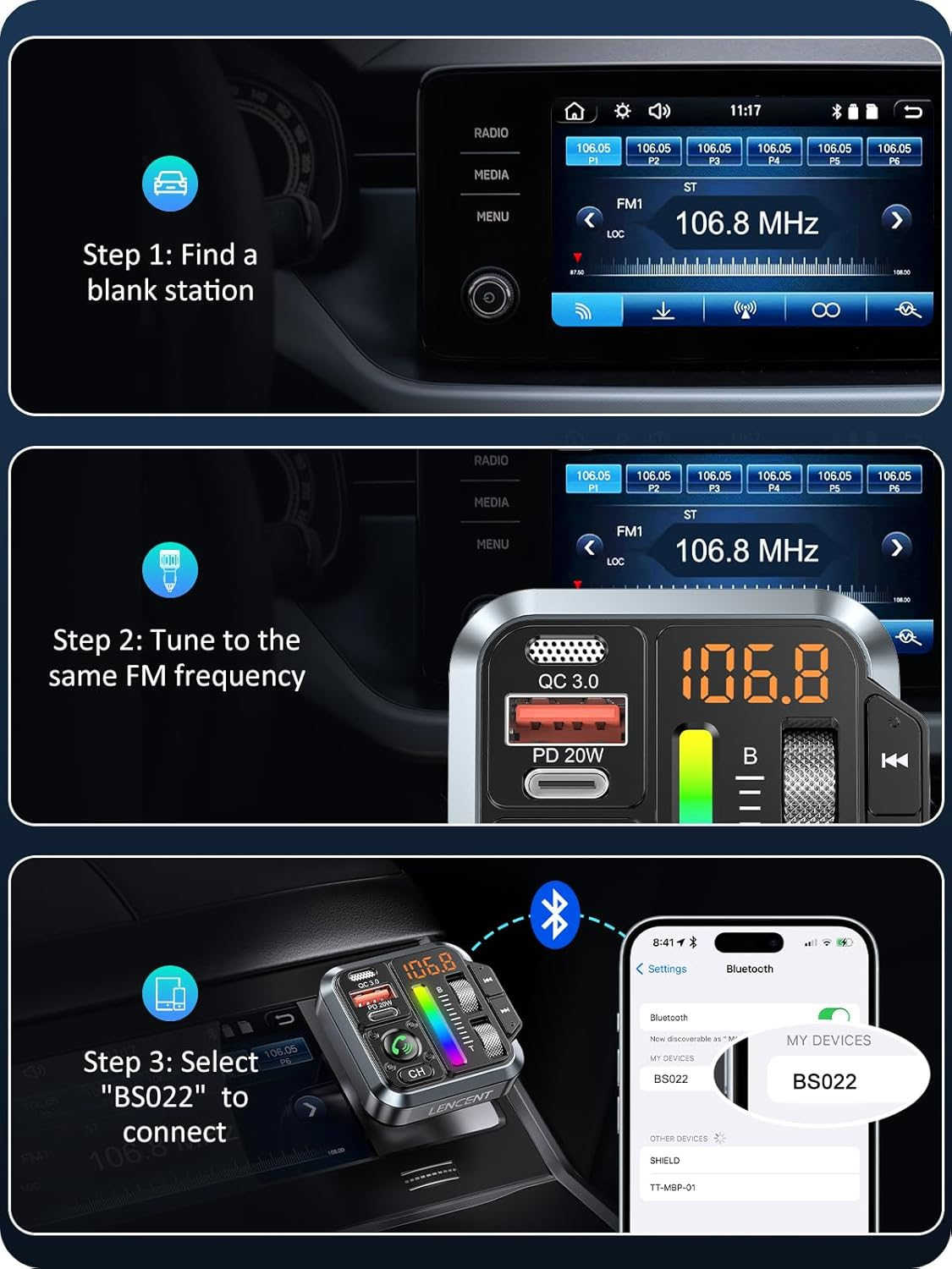 LENCENT Bluetooth 5.3 Car FM Transmitter, Adjustable Treble & Bass Sound Music Player Receiver, Wireless Radio Adapter with PD 20W & QC 3.0 Fast Charger, Hands-Free Calling, Siri Assistant image number 2