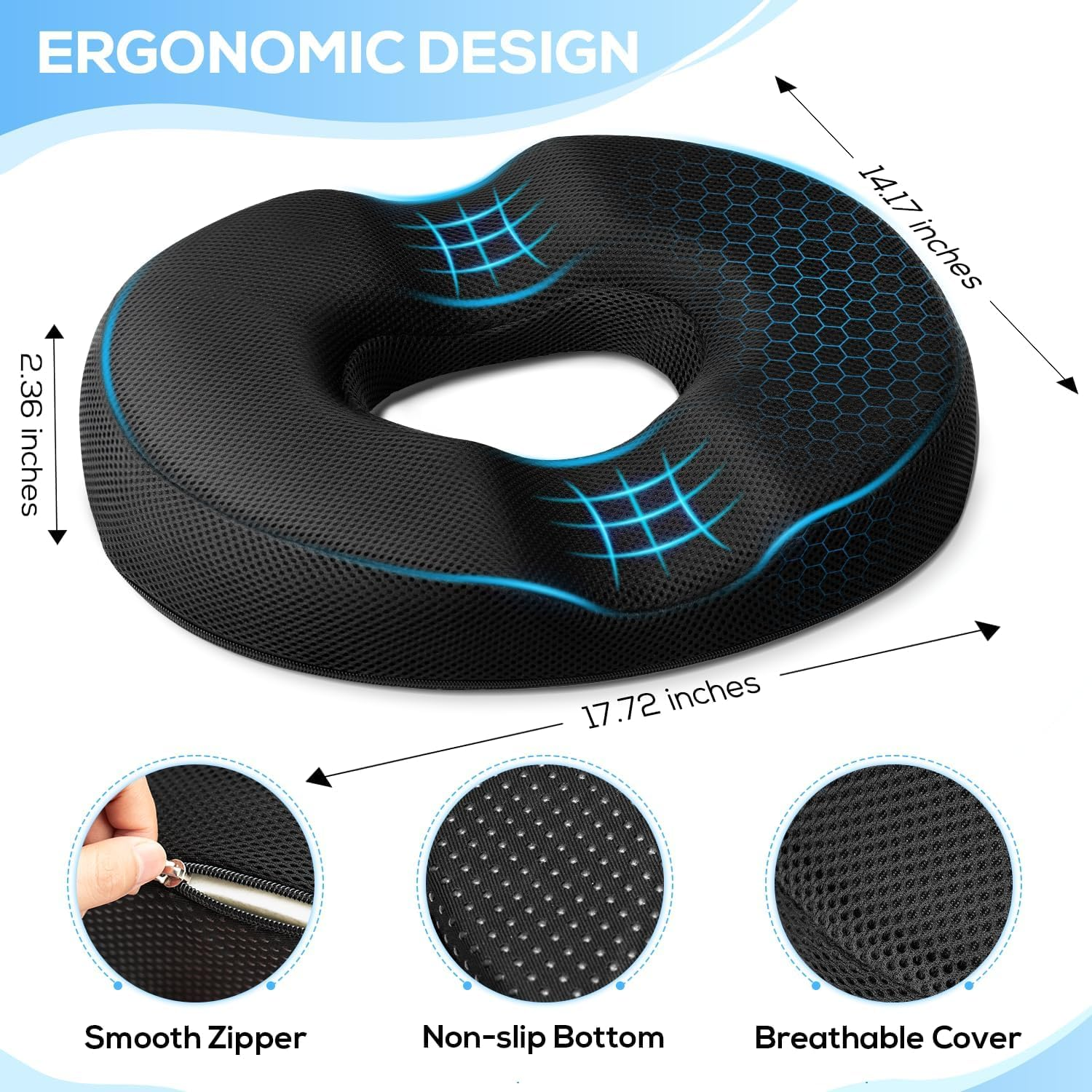 Donut Seat Cushion for Tailbone Pain & Hemorrhoids - Ergonomic Office/Car/Chair Pillow, Coccyx Support, Postpartum & Sciatica Relief, Memory Foam, Black (43X35X7Cm) image number 6