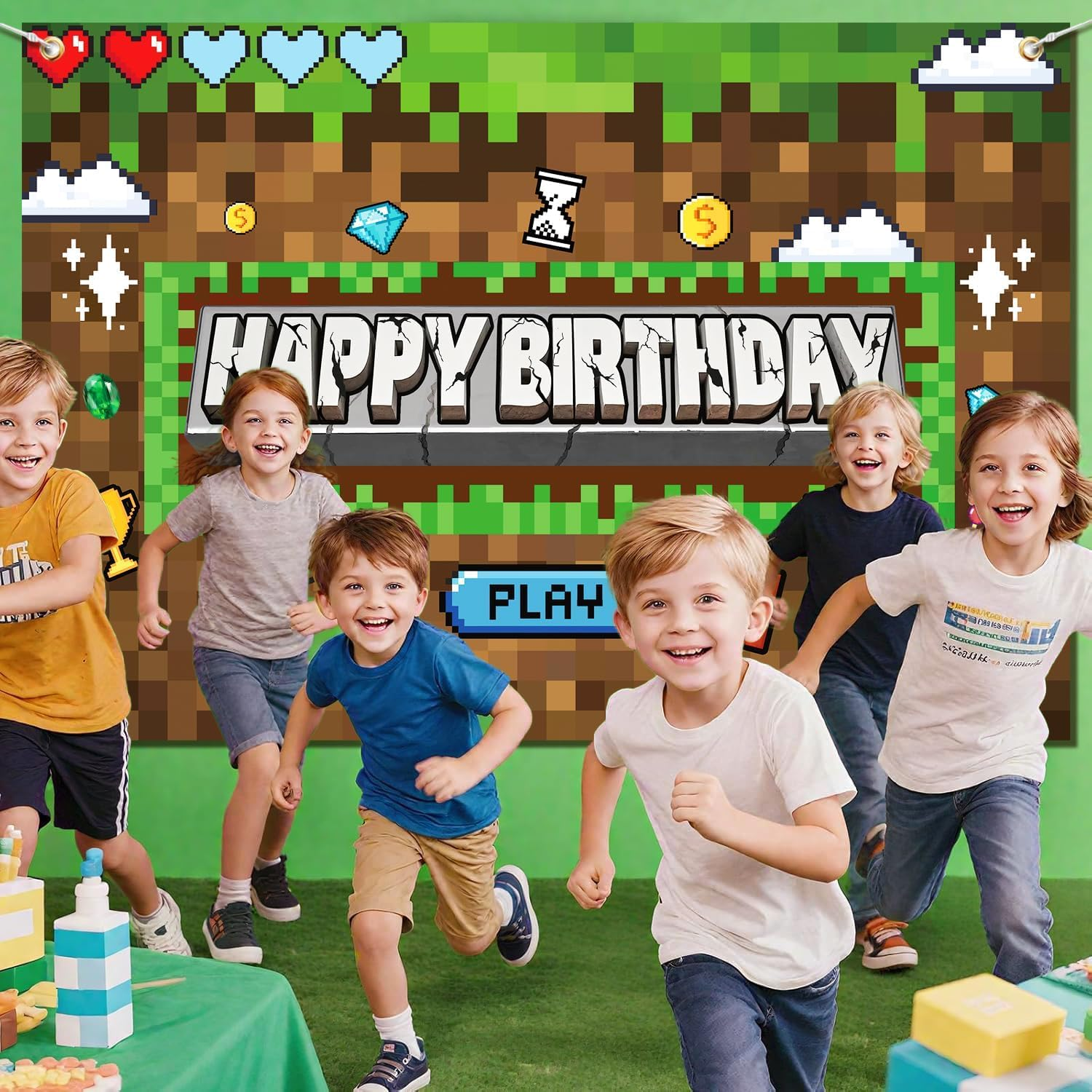 Pixel Birthday Party Decorations Pixel Video Game Banner for Miner Birthday Party Backdrop Photo Background Wall Decor Mining Party Supplies image number 1
