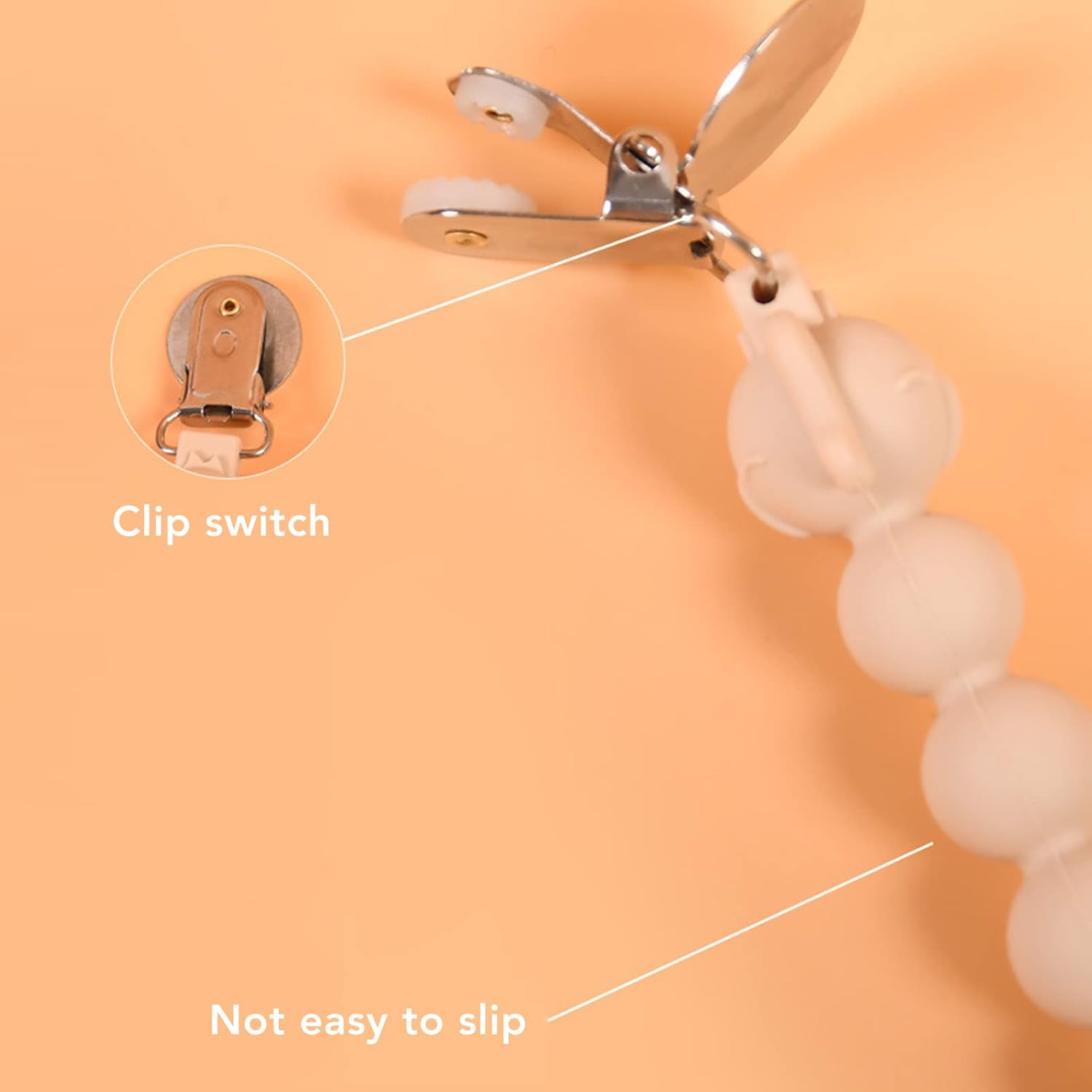 Changor Silicone Pacifier Chain, Elephant Design Secure Clamp Soft Silicone Pacifier Clips for Clothing Blankets Strollers Diaper Bags, 4 Colors (White Grey Green Pink) 23.6Cm 4Pcs image number 5