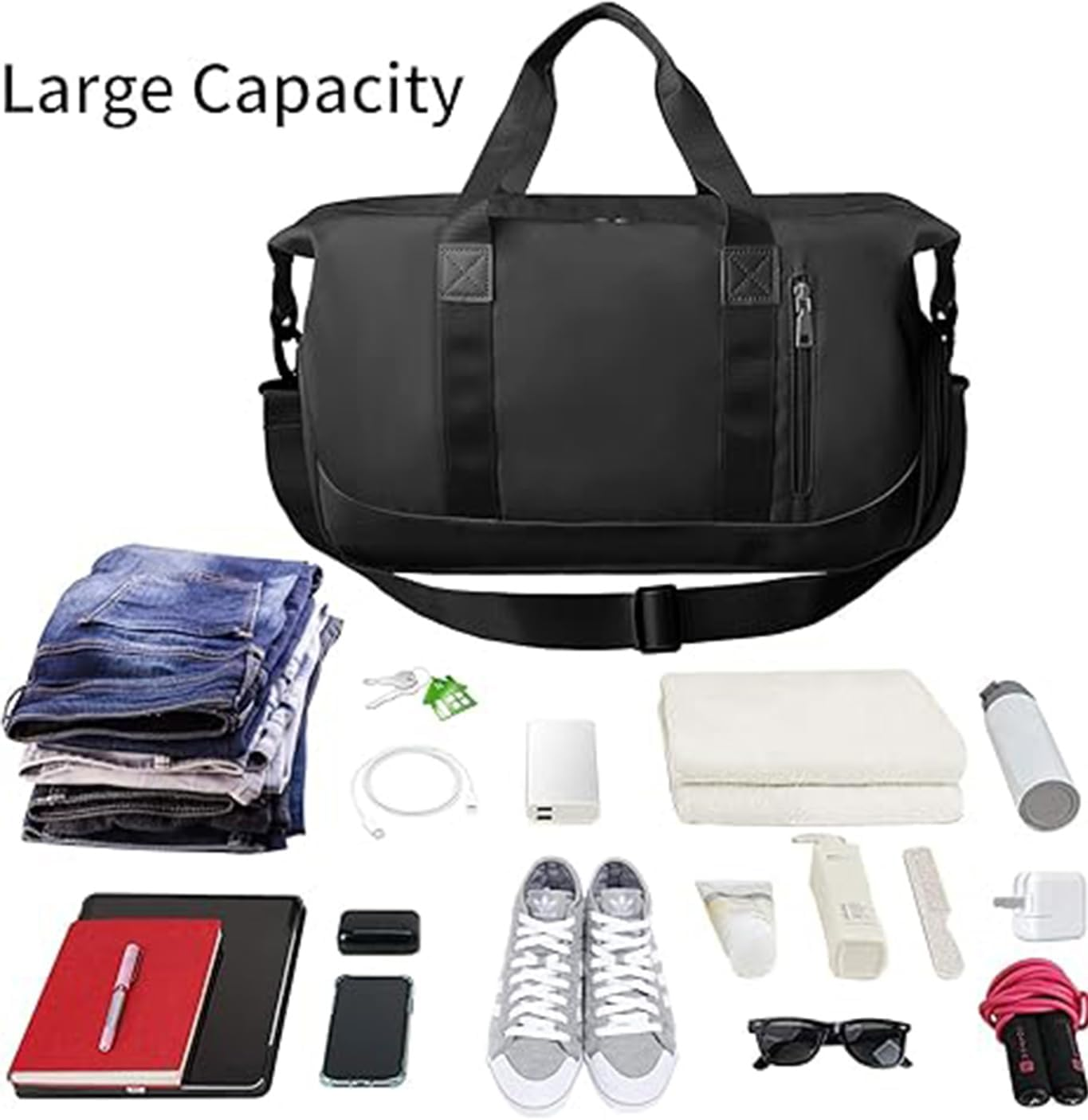 Sports Gym Bag for Women and Men Travel Duffel Bag Overnight Shoulder Carrier Weekender Carry on Workout Carrier Portable Athletic Tote with Shoes Compartment & Wet Pocket (Black) image number 2
