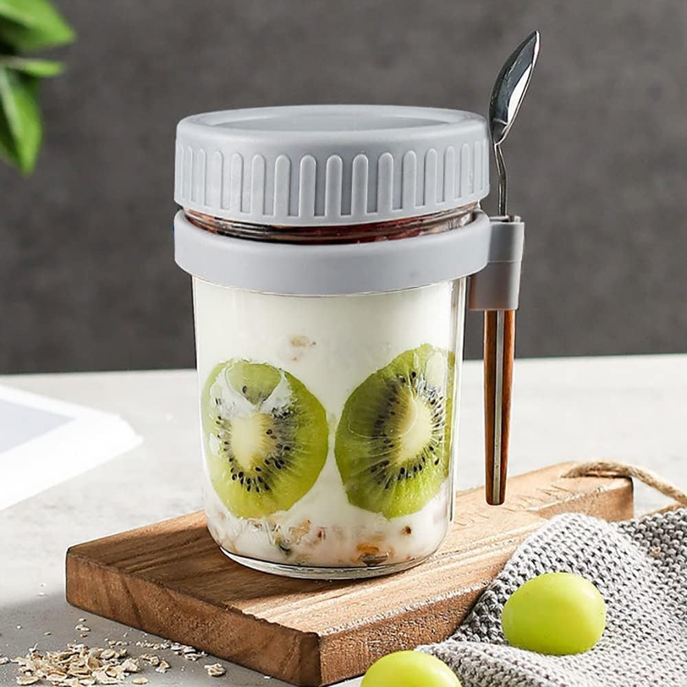 HJB VISSO Glass Jars, Overnight Oats Container with Lid and Spoon [4 Pack], Overnight Oats Jars, 350Ml / 10 Oz Cereal, Milk, Vegetable and Fruit Salad Storage Container with Measurement Marks image number 3