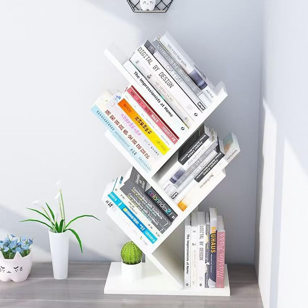 Hbluefat Tree Bookshelf, 5-Tier Wooden Desktop Small Bookshelf and Mini Bookcase for Office, Home or School Desk Book Shelf for Displaying Books, Cds, Magazines Wood Storage Rack (White)