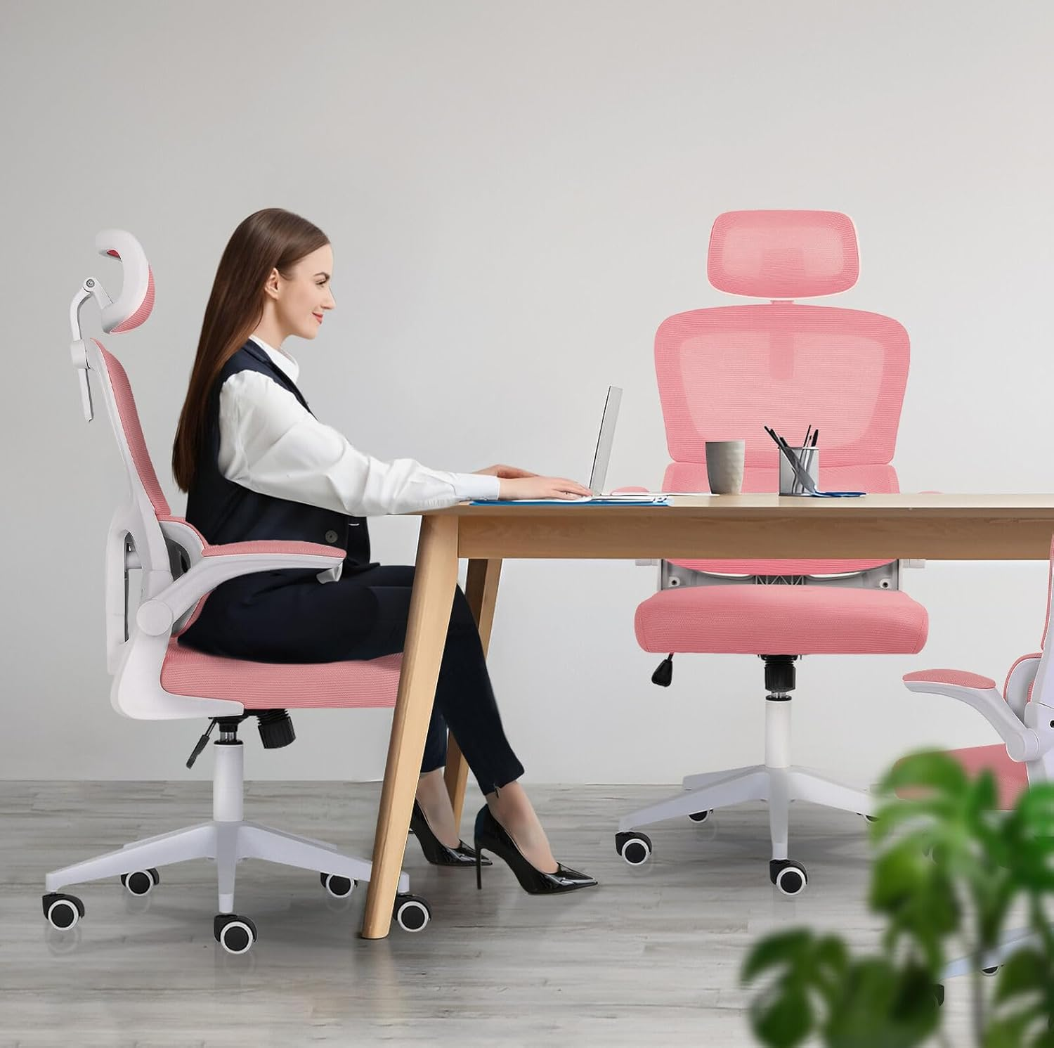 La Bella SITIO Office Chair - Pink Ergonomic Mesh Desk Chair with Lumbar Support, Flip-Up Armrests, Adjustable Headrest & Tilt Function image number 4