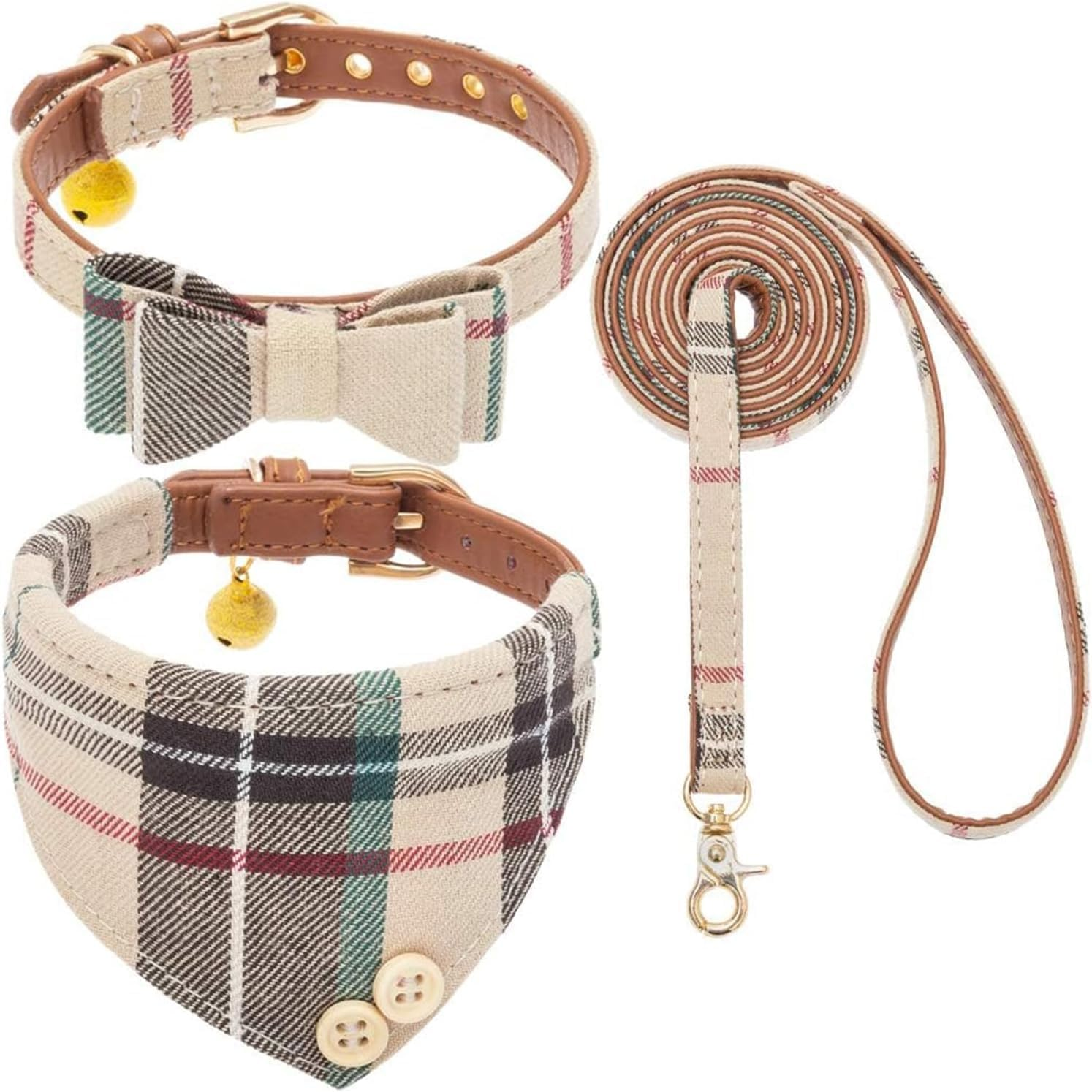 KOOLTAIL Small Dog Collar and Leash Set with Bowtie and Bells - Puppy Collar and Leash for Female/Male with Classic Plaid Matching Pattern, Soft Leather Leashes for Small Dogs Boys Girls, Shirt Plaid