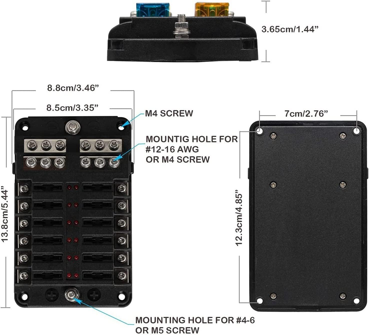 Aribrnten 12V 12 Way Marine Fuse Block Fuse Panel with Ground & 12 Volt Fuse Box for Car Automotive Boat RV RZR image number 6