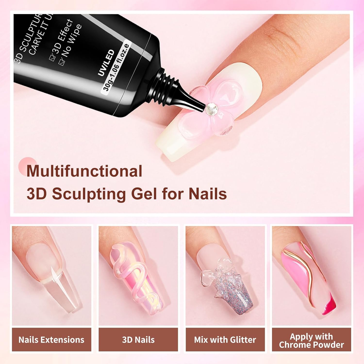 Sculpting Gel 3D Gel Nail Art 3 in 1 Non Wipe 30G Clear Sculpting Glue for Nail Art Hand Modeling Building Carving Nail Extension Sculpture Diamond Jewelry Decoration image number 6