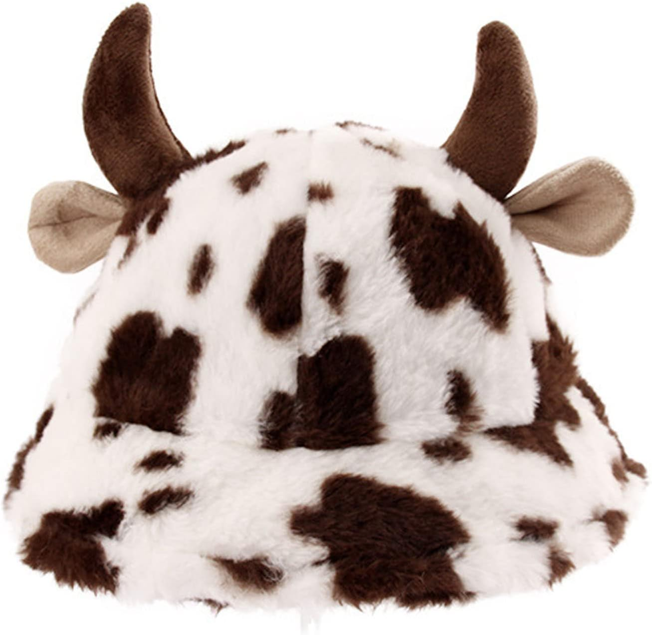 Unisex Fluffy Cow Bucket Hat with Horns Plush Bucket Hat for Women, Teens Winter Funny Fisherman'S Hat