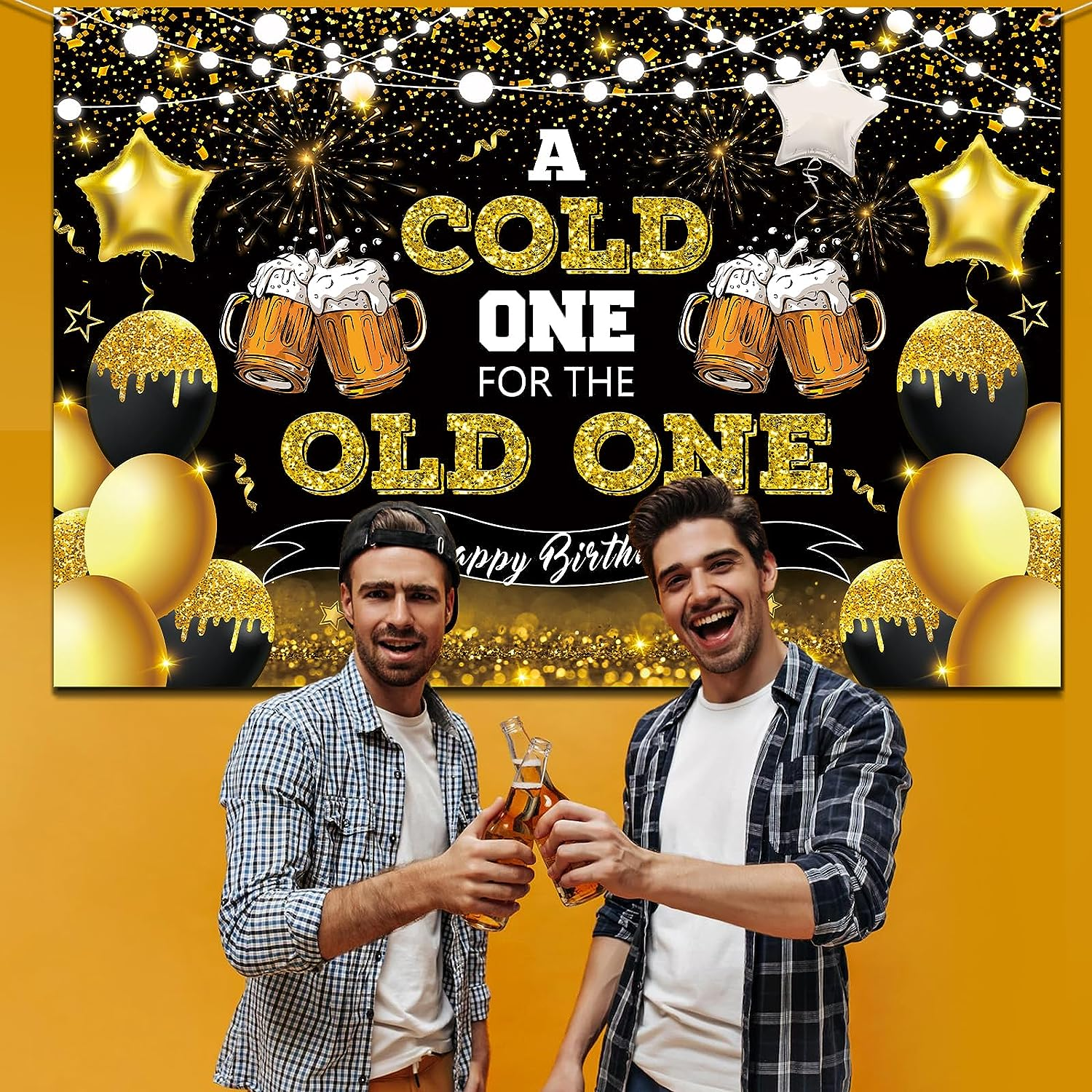 Beer Party Decorations,Black and Gold Happy Birthday Backdrop for Men a Cold One for the Old One Photography Background Banner for 30Th 40Th 50Th Birthday Cheers and Beers Party Supplies image number 5