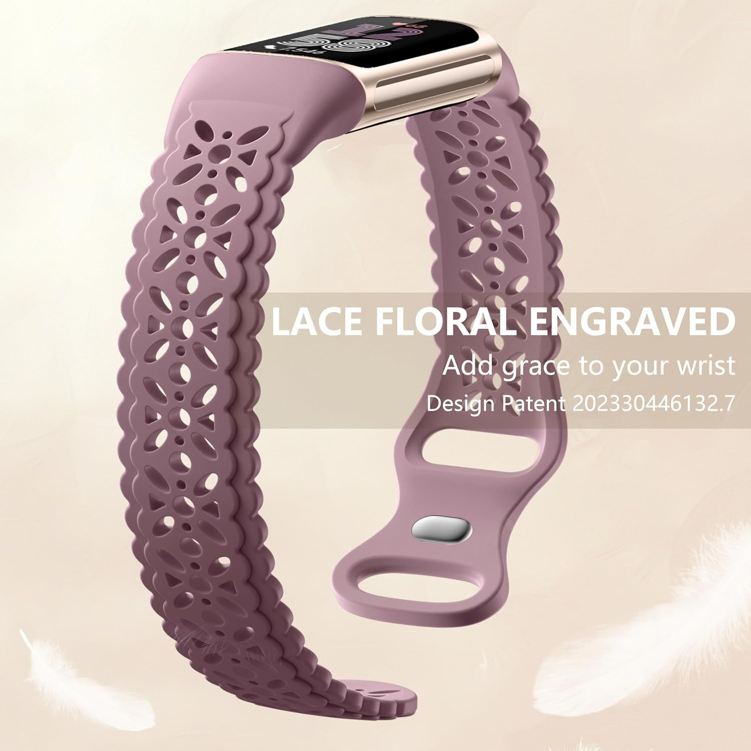 Maledan Floral Lace Bands Compatible for Fitbit Charge 6 Band and Fitbit Charge 5 Band Women, Cute Soft Lilac Flower Pattern Hollow-Out Sport Watch Strap for Fitbit Charge 5/ Charge 6 Fitness Tracker - Black/ Blue Gray/ Smoke Violet image number 4