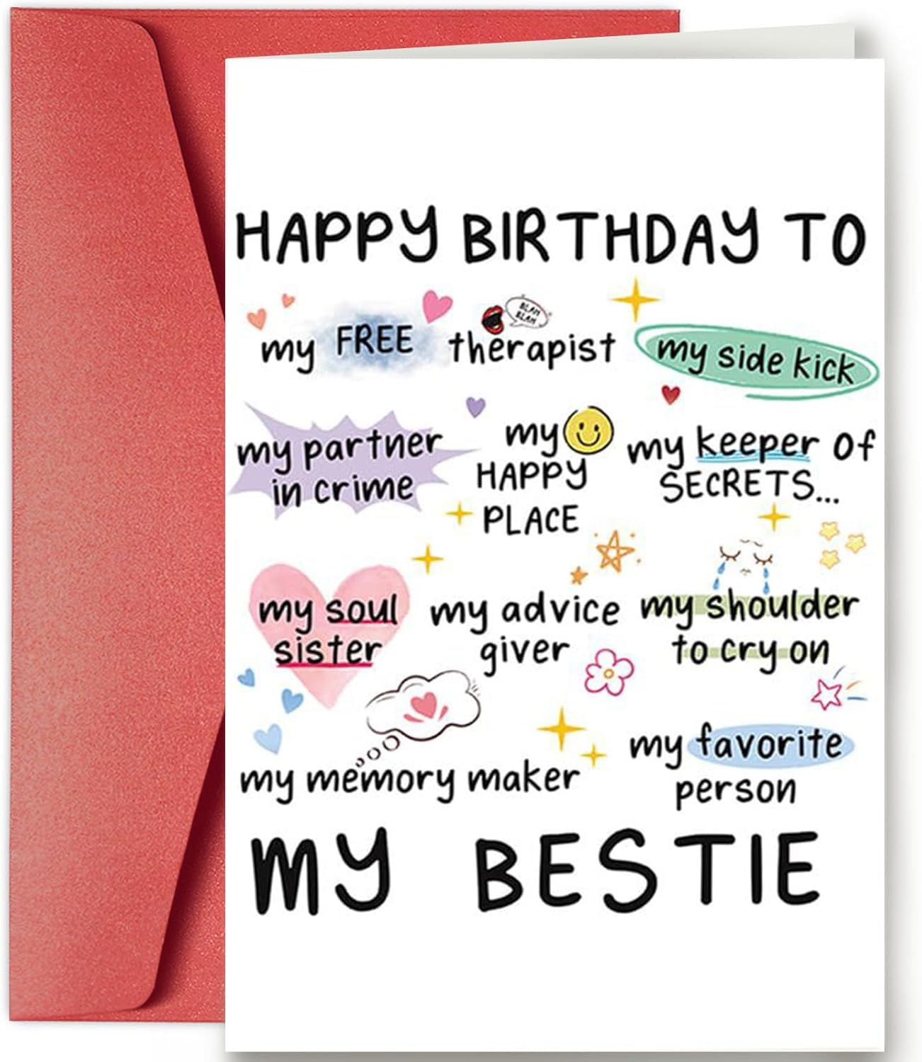 Funny Birthday Card for My Bestie, Perfect Happy Birthday Gifts for Sister & Best Friend, Her, Women, Heartwarming Words and Cute Pattern- Blank Inside image number 1