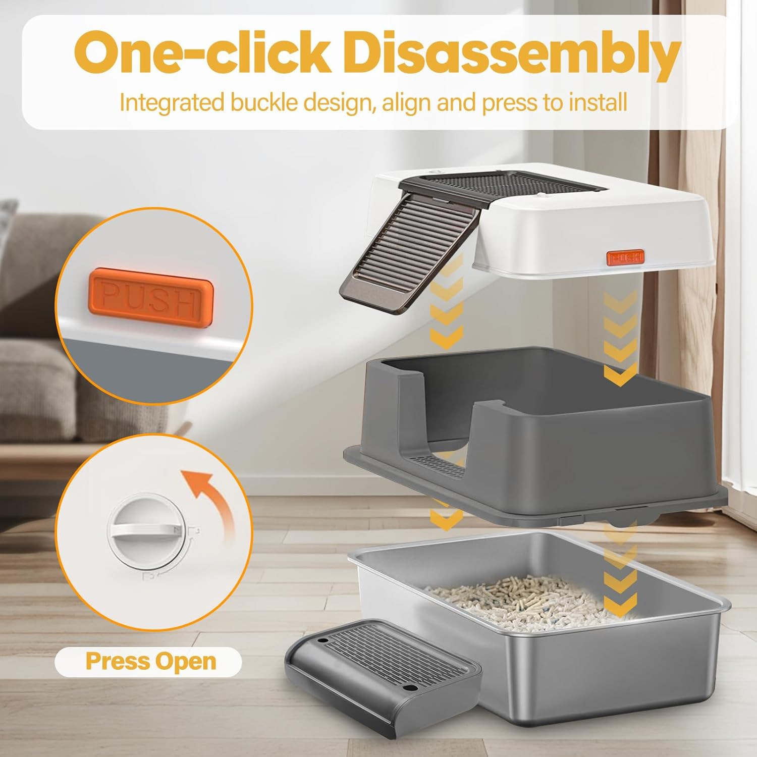 Cat Litter Box with Lid, XXL Stainless Steel Litter Box for Big Cats 3 Layer Removable Litter Box with Lid & Scoop&Pedal, Non-Sticky, Non-Odor, Easy Cleaning, Light Grey image number 3