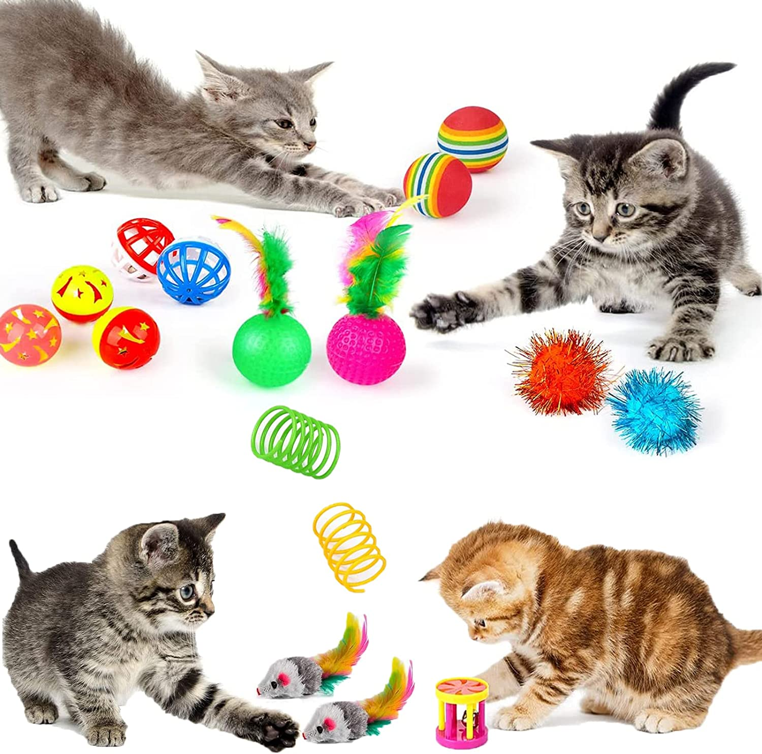 28 PCS Cat Toys,Set of Cat Toys for Indoor Cats,Variety Catnip Toys with Collapsible Rainbow Tunnel Interactive Feather Teaser Fluffy Mouse Crinkle Balls Spring and Bells Toy Set for Kitty and Cats image number 1