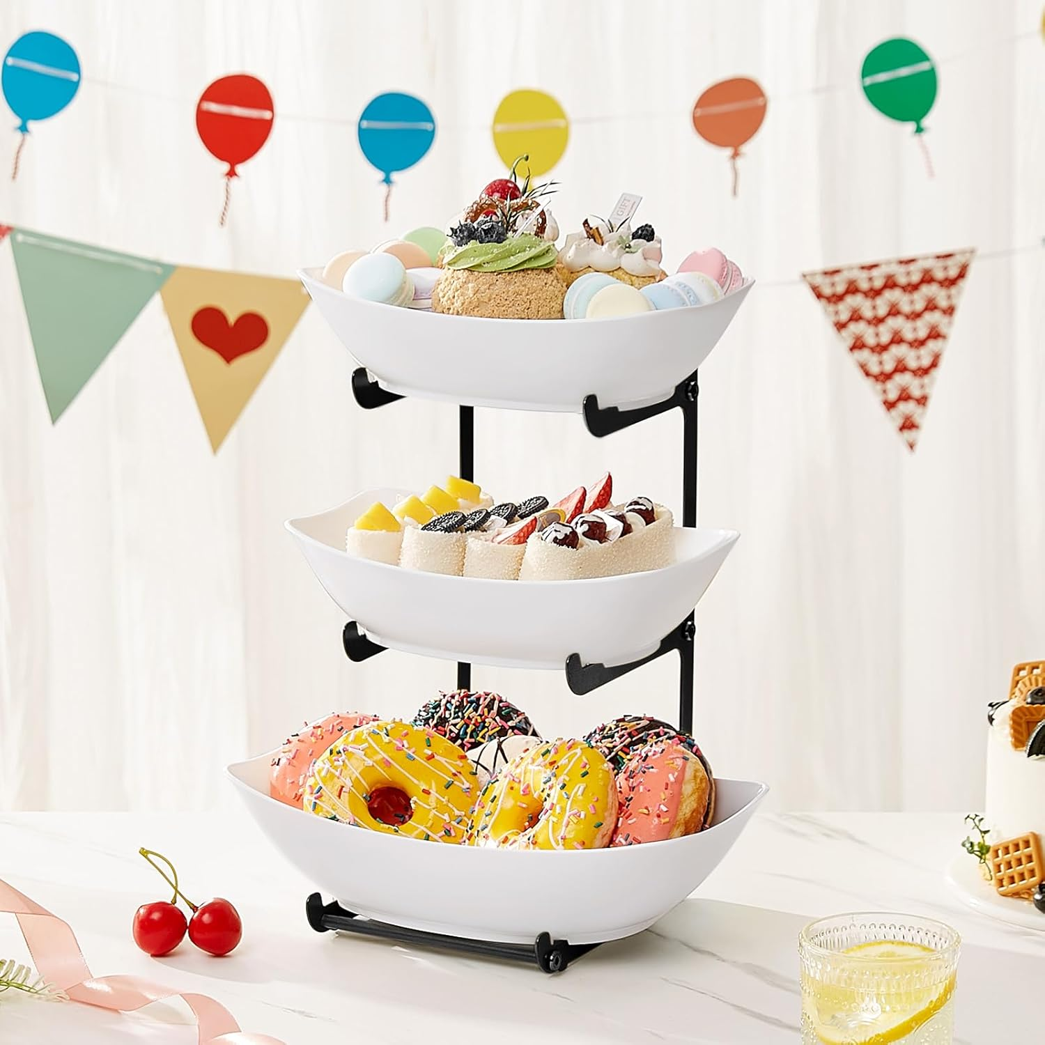 Lifewit Plastic Fruit Bowl Basket for Kitchen Countertop, 3 Tier Fruit Holder with Black Metal Stand, Serving Tray for Food, Vegetable, Cake, Dessert in Party image number 1