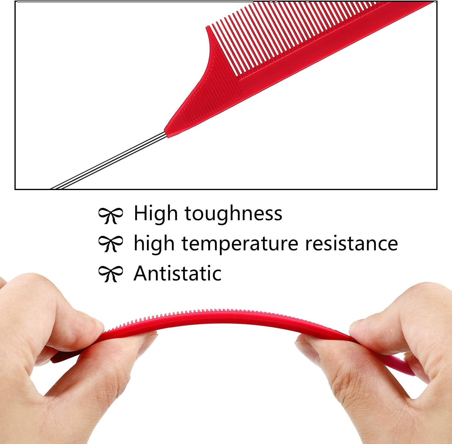 30 Pieces Parting Comb for Braids Hair Rat Tail Comb Steel Pin Rat Tail Carbon Fiber Heat Resistant Teasing Combs with Stainless Steel Pintail (Red) image number 3
