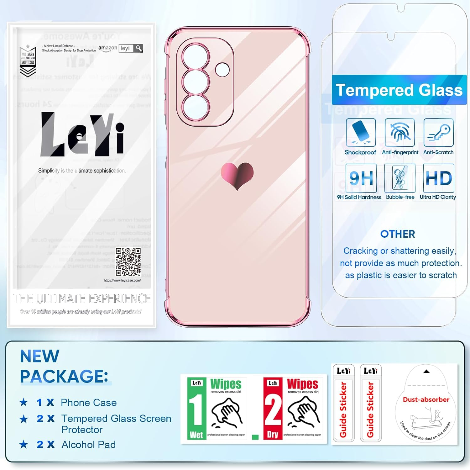 Leyi for Samsung Galaxy A17 5G Case: with Tempered Glass Screen Protector [2 Pcs]+ Full Camera Lens Protection,Love Heart Plating Girly Women Luxury Soft TPU Shockproof Case for a 17 5G,Pink image number 3