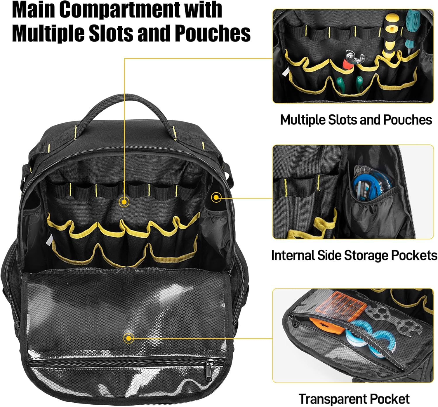 Rexmica Tool Backpack for Men with 3 Small Tool Pockets Organizer Bag for Tool Storage, Tactical Work Tool Bag for Electricians, Craftsmen, Black image number 6