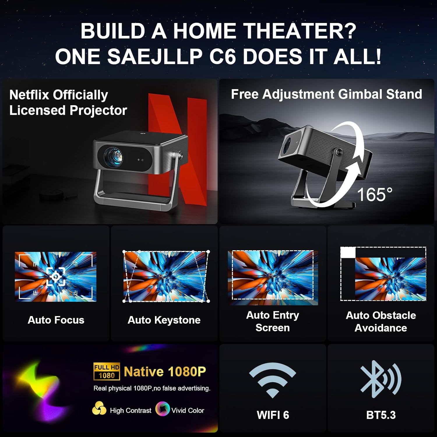 Smart Projector【Netflix Official & Dolby Audio】700Ansi AI Auto Focus/Keystone Movie Projectors, Native 1080P Full HD Portable Projector,Wifi6 Two-Way BT5.3 for for Home Theater/Ceiling/Bedroom/Outdoor image number 1