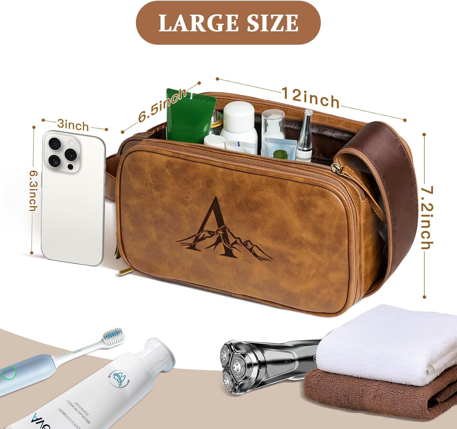 Janhavi Toiletry Bag for Men Waterproof, Groomsmen Gifts Personalized Leather Engraved Initials & Mountain, Mens Toiletry Travel Bag, Anniversary Gifts for Men, Travel Tssentials, Brown, M image number 4