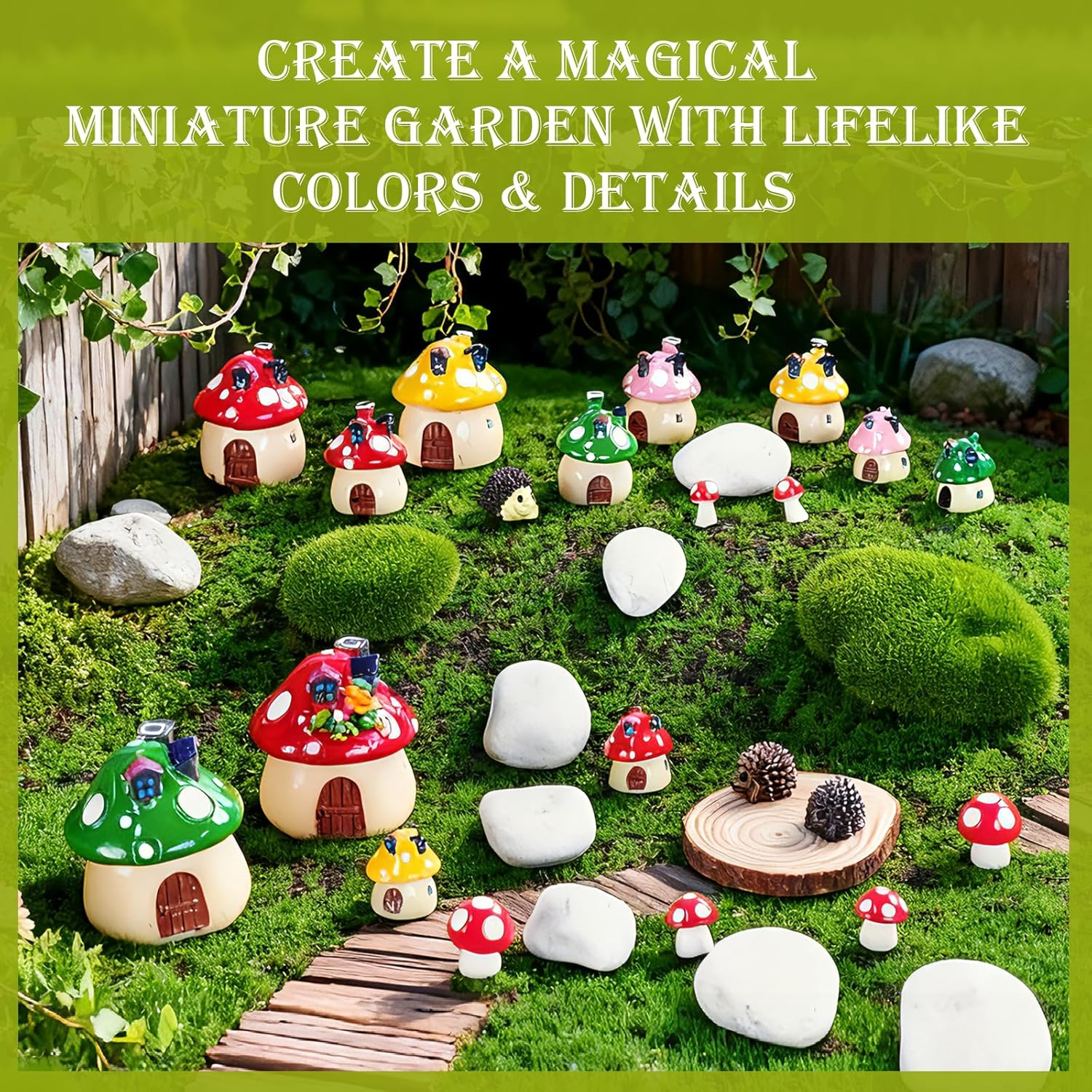 Verdantvibes Fairy Garden Kit &ndash; 23-Piece Miniature Fairy Garden Accessories Set (18 Mushrooms, 3 Hedgehogs) with Gift Box & Card &ndash; Miniature Fairy Garden Decor for Indoor & Outdoor DIY image number 6