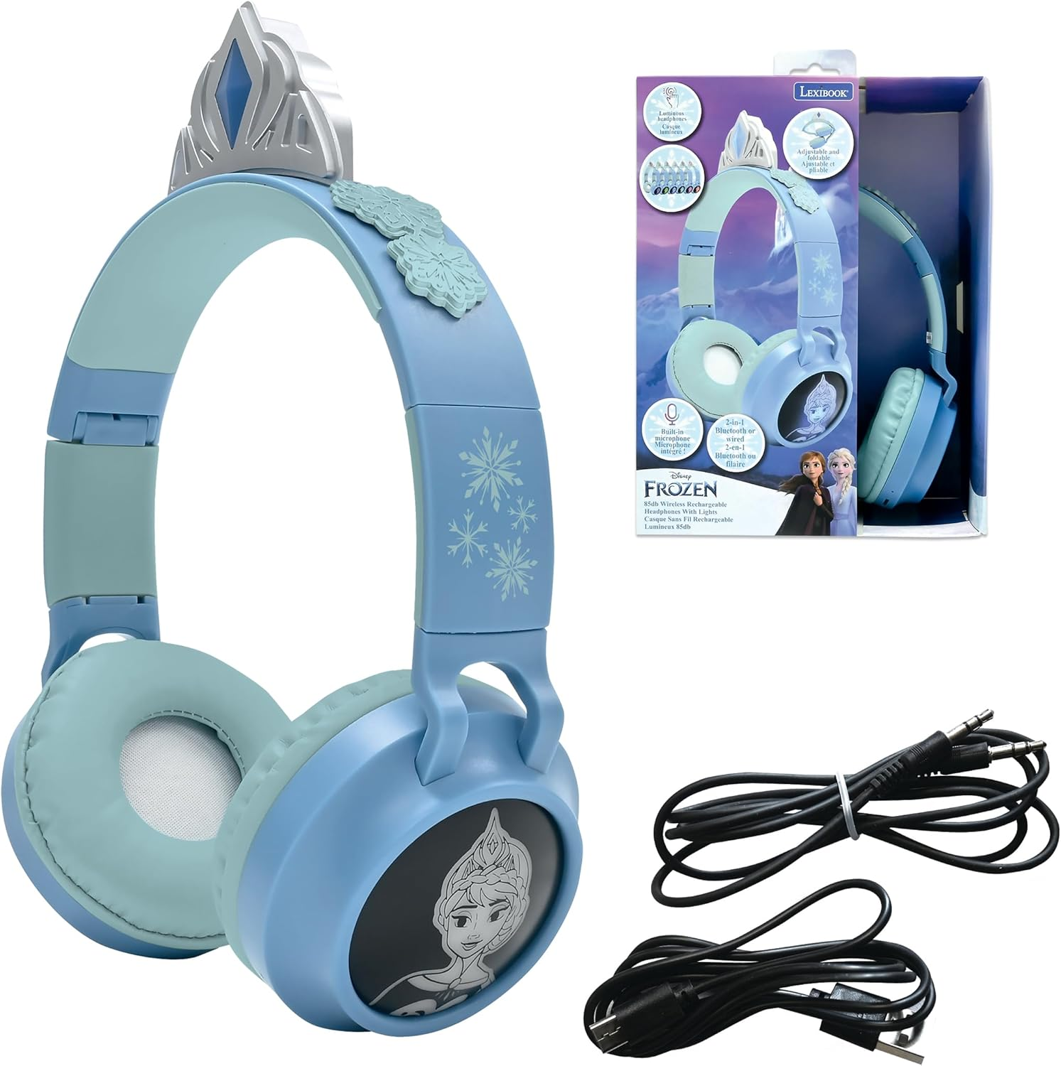 Lexibook, Frost 2-1 Wireless and Wired Headphones with Princess Tiara, Sound Limited to 85Db, Light Effects, Foldable, Adjustable, Rechargeable, HPBT015FZ image number 4